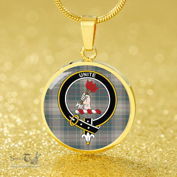 Scottish Brodie Silver (Brodie Muted) Weathered Clan Tartan Circle Necklace - Crest Classic Scottish Plaid Tartan Plaid