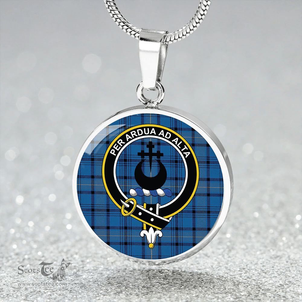Scottish Hannay Blue (Haney Blue) Ancient Clan Tartan Circle Necklace - Crest Classic Scottish Plaid Tartan Plaid