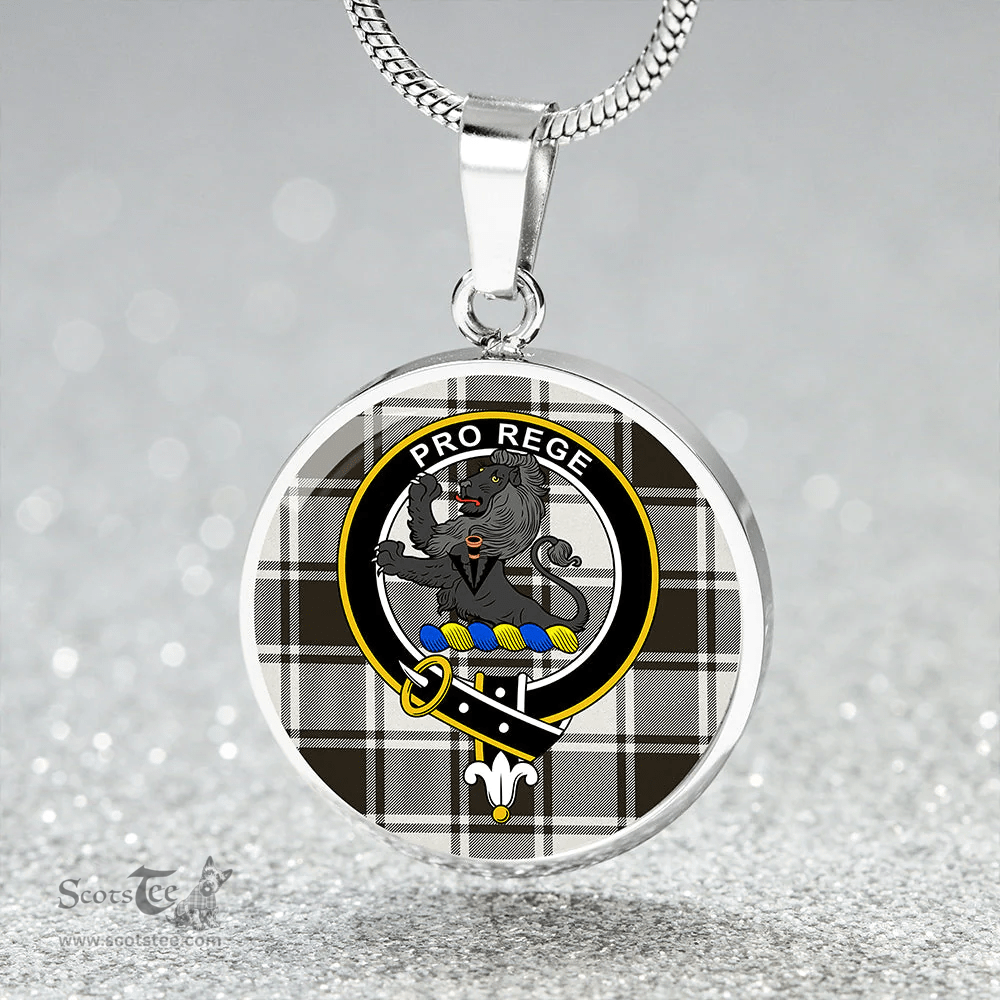 Scottish MacFie B&W (MacPhee B&W) Weathered Clan Tartan Circle Necklace - Crest Classic Scottish Plaid Tartan Plaid