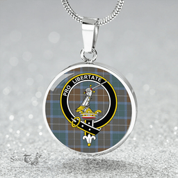 Scottish Wallace Blue (Wallas Blue) Weathered Clan Tartan Circle Necklace - Crest Classic Scottish Plaid Tartan Plaid
