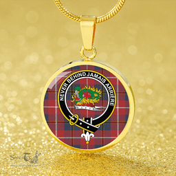 Scottish Douglas Red Weathered Clan Tartan Circle Necklace - Crest Classic Scottish Plaid Tartan Plaid