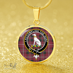 Scottish Hunter of Bute (Michael Maroon) Weathered Clan Tartan Circle Necklace - Crest Classic Scottish Plaid Tartan Plaid