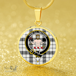 Scottish MacFarlane Black and White (Wallace/Wallas Dress #3) Ancient Clan Tartan Circle Necklace - Crest Classic Scottish Plaid Tartan Plaid