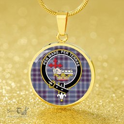 Scottish MacDonald Lord of the Isles Hunting Blue (Donald Lord of the Isles Hunting Blue) Weathered Clan Tartan Circle Necklace - Crest Classic Scottish Plaid Tartan Plaid