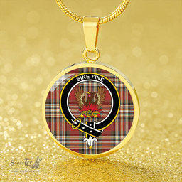 Scottish MacGill Weathered Clan Tartan Circle Necklace - Crest Classic Scottish Plaid Tartan Plaid