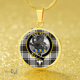 Scottish MacFie B&W (MacPhee B&W) Weathered Clan Tartan Circle Necklace - Crest Classic Scottish Plaid Tartan Plaid