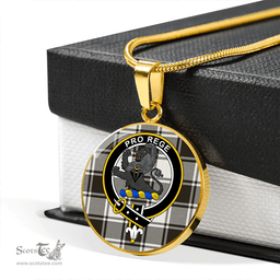 Scottish MacFie B&W (MacPhee B&W) Weathered Clan Tartan Circle Necklace - Crest Classic Scottish Plaid Tartan Plaid