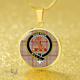Scottish Sutherland of Duffus Weathered Clan Tartan Circle Necklace - Crest Classic Scottish Plaid Tartan Plaid