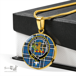 Scottish Thomson Blue (MacThomas Blue/Thompson Dress) Modern Clan Tartan Circle Necklace - Crest Classic Scottish Plaid Tartan Plaid