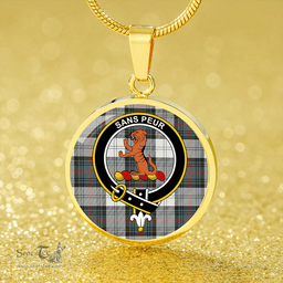 Scottish Sutherland Dress #2 Weathered Clan Tartan Circle Necklace - Crest Classic Scottish Plaid Tartan Plaid
