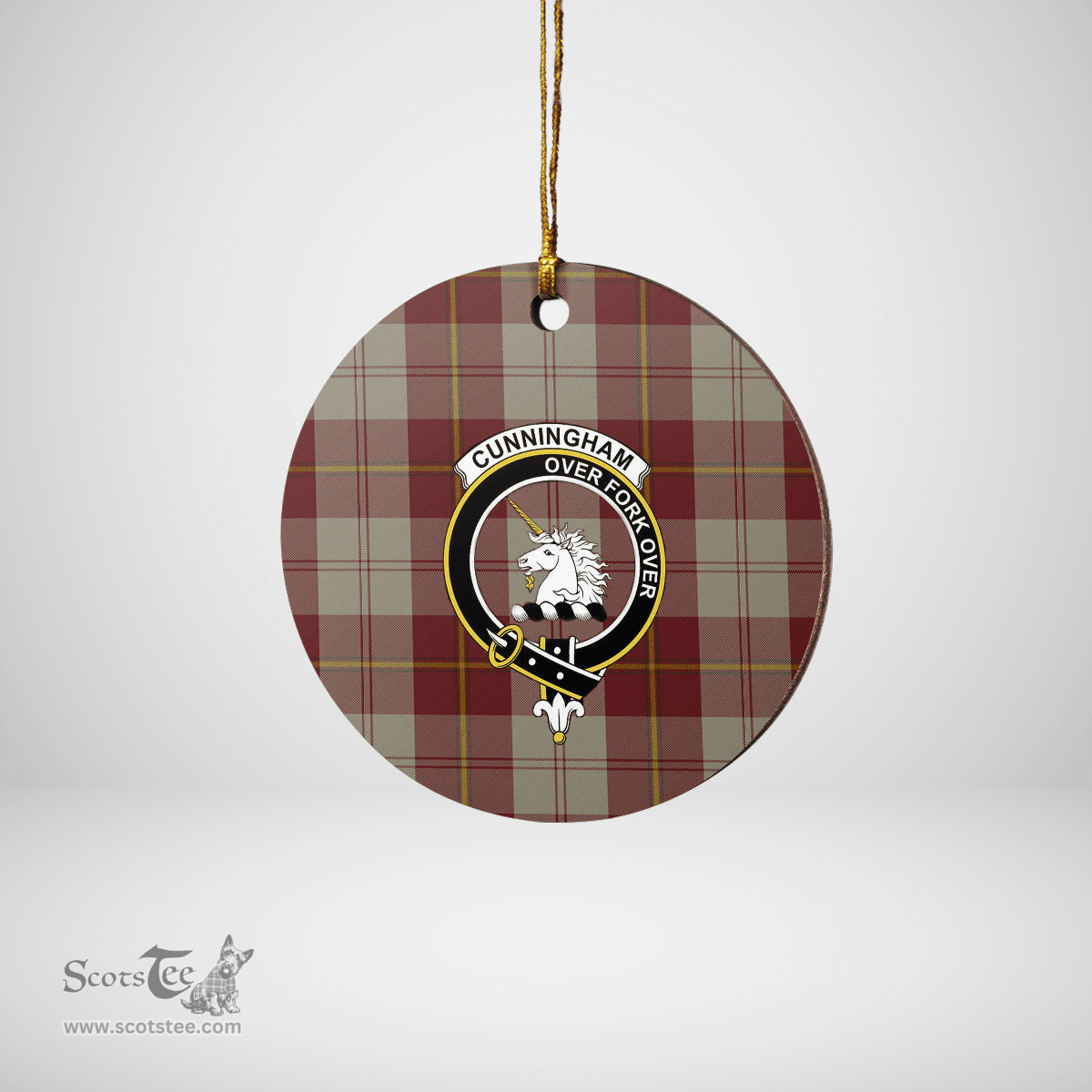 Scottish Cunningham Burgundy Dancers Clan Tartan Crest Round Ceramic Ornament