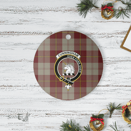 Scottish Cunningham Burgundy Dancers Clan Tartan Crest Round Ceramic Ornament