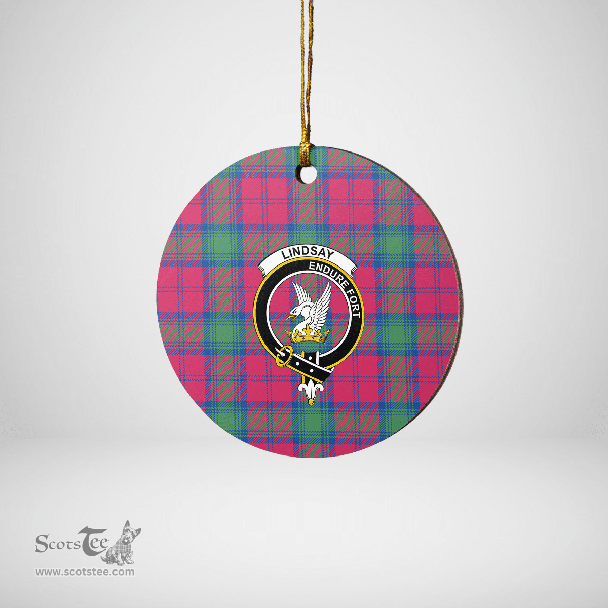Scottish Lindsay Ancient Clan Tartan Crest Round Ceramic Ornament