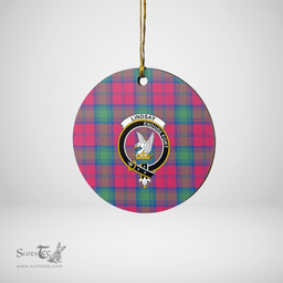 Scottish Lindsay Ancient Clan Tartan Crest Round Ceramic Ornament