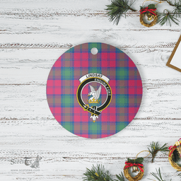 Scottish Lindsay Ancient Clan Tartan Crest Round Ceramic Ornament