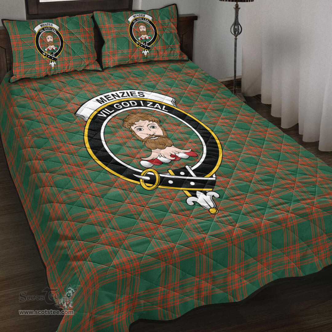 Scottish Menzies Green Ancient Clan Tartan Quilt Bed Set - Crest Classic Scottish Plaid Tartan Plaid
