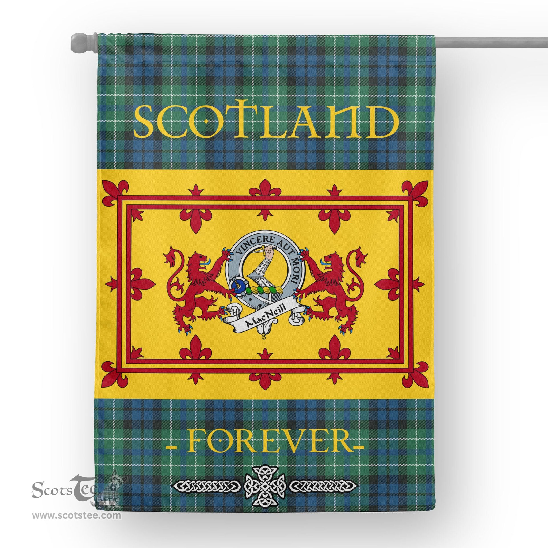 Scotstee Tartan House Flag MacNeil of Colonsay Clan Badge Tartan Garden Flag - The Lion Rampant Scotland, Tartan Garden Flag, Tartan House Flag, Tartan Flag, Crest Garden Flag, Garden Flag, Ireland Garden Flag, Family Crest, Custom Flag, Custom Garden Flag, Ireland Custom Flag, Clan Tartan Flags