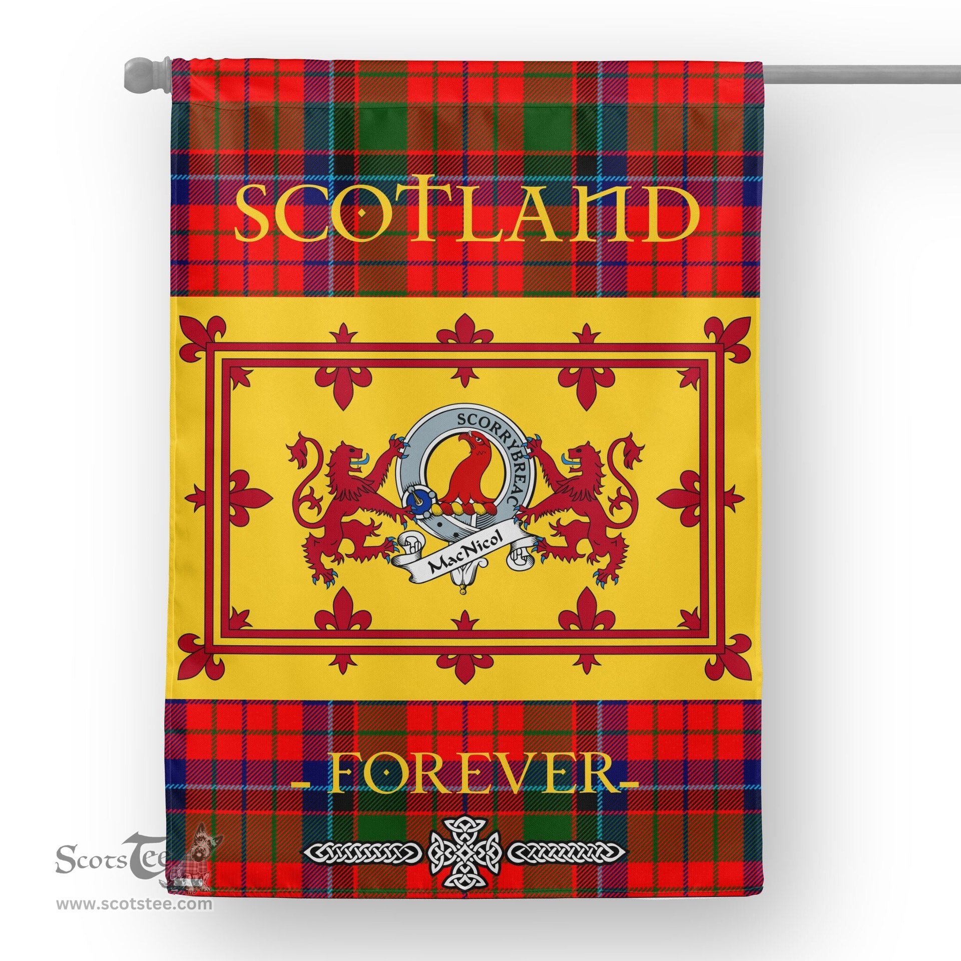 Scotstee Tartan House Flag Macnicol Clan Badge Tartan Garden Flag - The Lion Rampant Scotland, Tartan Garden Flag, Tartan House Flag, Tartan Flag, Crest Garden Flag, Garden Flag, Ireland Garden Flag, Family Crest, Custom Flag, Custom Garden Flag, Ireland Custom Flag, Clan Tartan Flags
