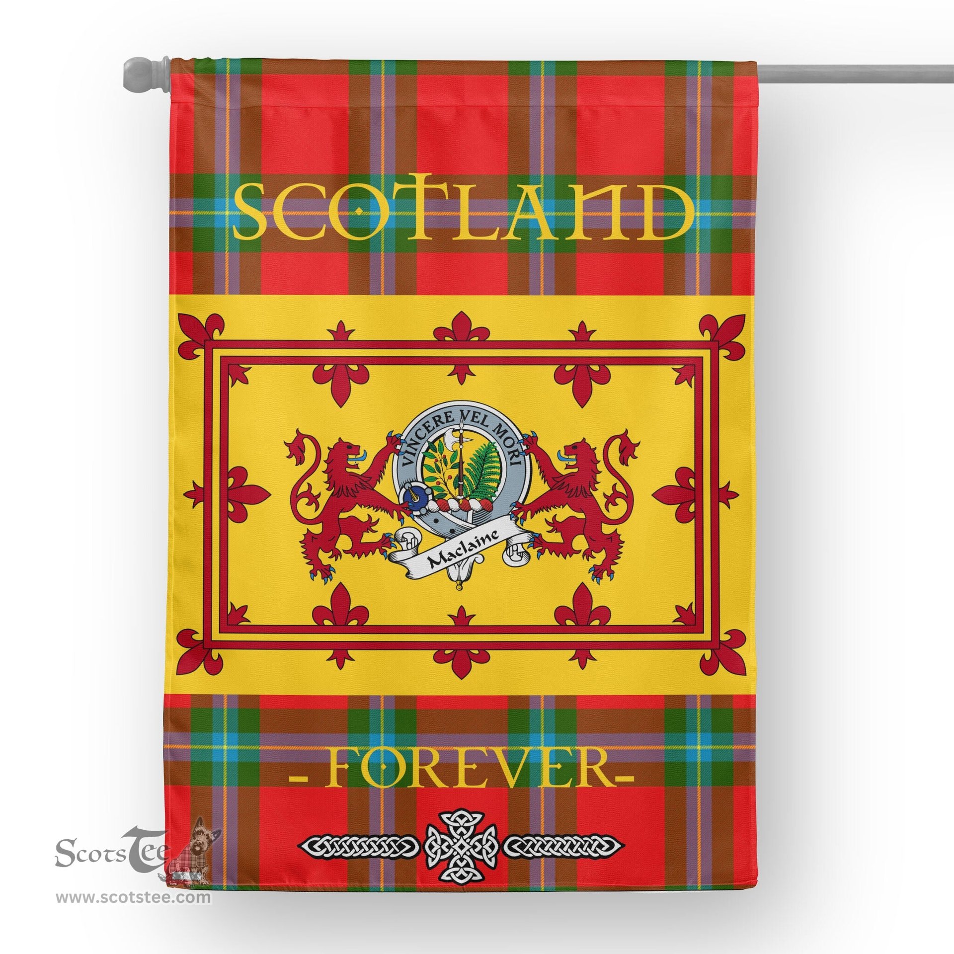 Scotstee Tartan House Flag MacLaine of Lochbuie Clan Badge Tartan Garden Flag - The Lion Rampant Scotland, Tartan Garden Flag, Tartan House Flag, Tartan Flag, Crest Garden Flag, Garden Flag, Ireland Garden Flag, Family Crest, Custom Flag, Custom Garden Flag, Ireland Custom Flag, Clan Tartan Flags