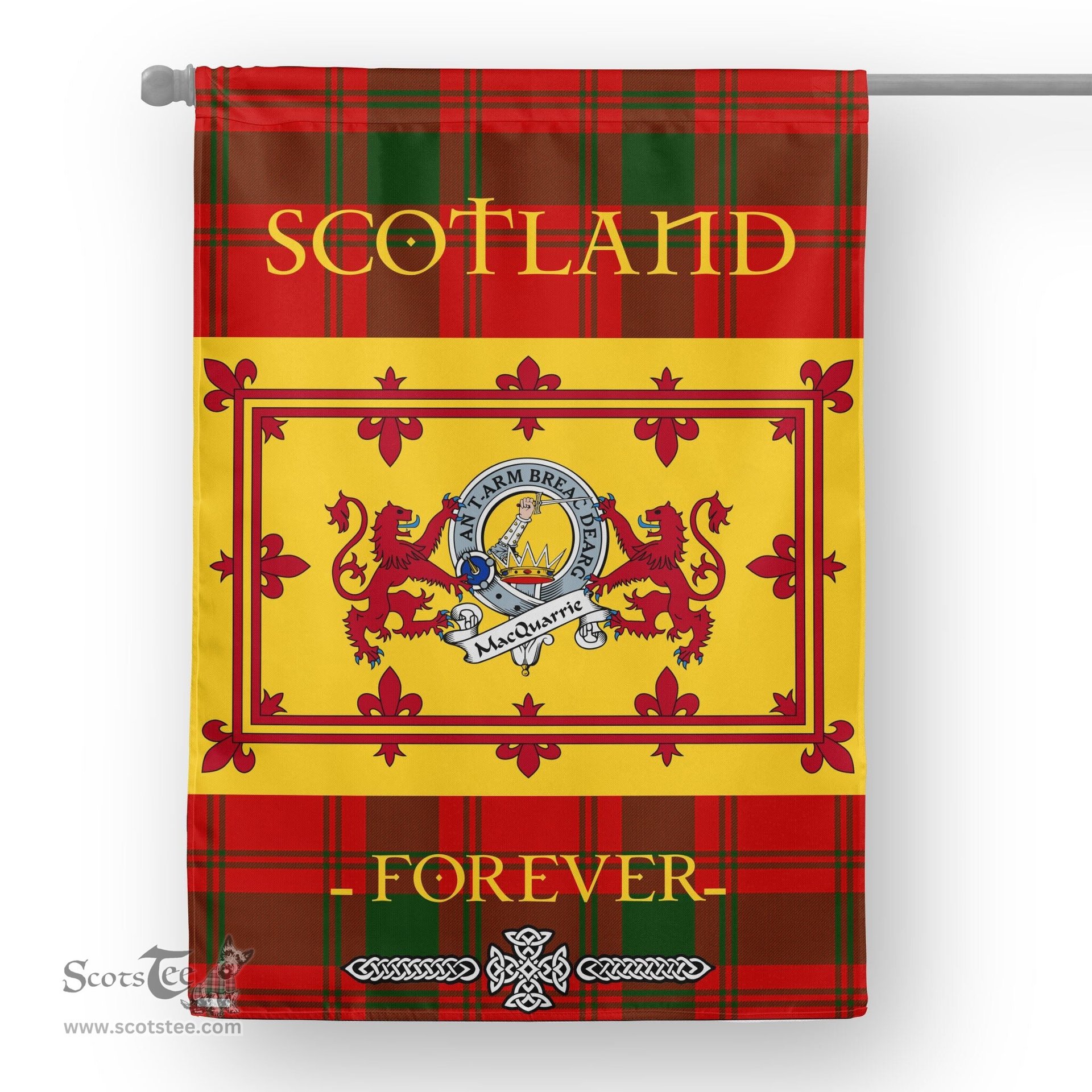 Scotstee Tartan House Flag MacQuarrie Clan Badge Tartan Garden Flag - The Lion Rampant Scotland, Tartan Garden Flag, Tartan House Flag, Tartan Flag, Crest Garden Flag, Garden Flag, Ireland Garden Flag, Family Crest, Custom Flag, Custom Garden Flag, Ireland Custom Flag, Clan Tartan Flags