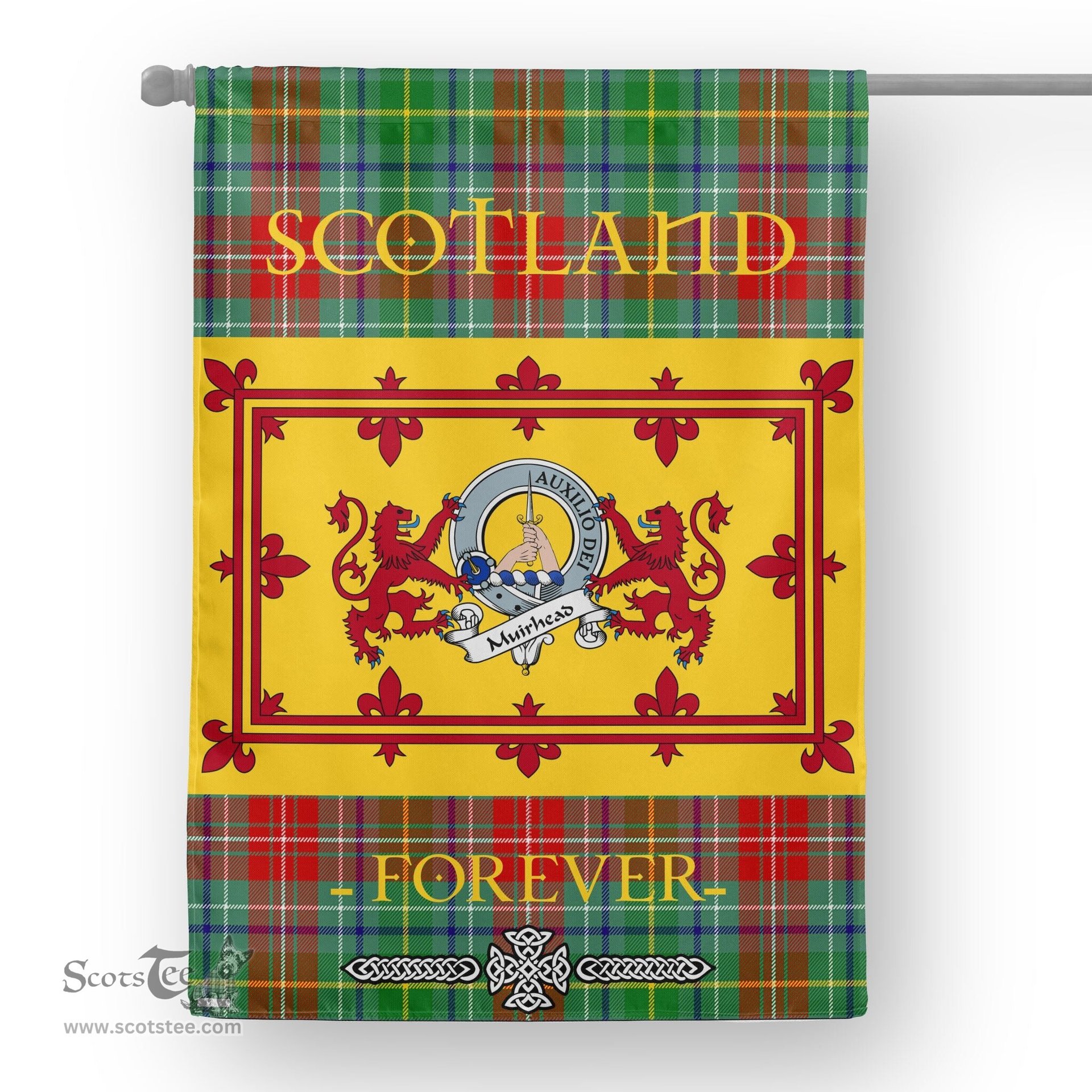 Scotstee Tartan House Flag Muirhead Clan Badge Tartan Garden Flag - The Lion Rampant Scotland, Tartan Garden Flag, Tartan House Flag, Tartan Flag, Crest Garden Flag, Garden Flag, Ireland Garden Flag, Family Crest, Custom Flag, Custom Garden Flag, Ireland Custom Flag, Clan Tartan Flags