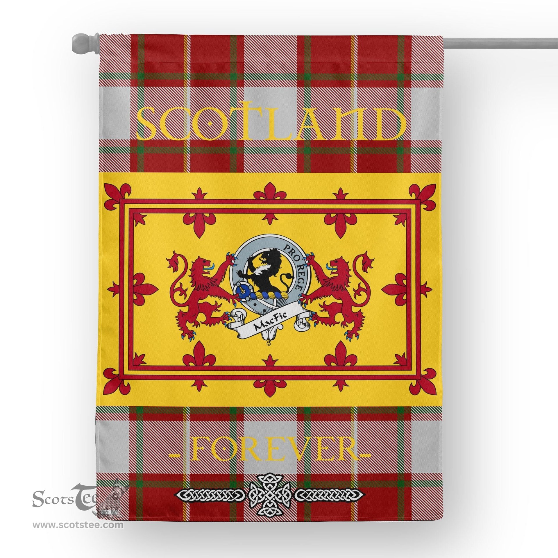 Scotstee Tartan House Flag MacFie Clan Badge Tartan Garden Flag - The Lion Rampant Scotland, Tartan Garden Flag, Tartan House Flag, Tartan Flag, Crest Garden Flag, Garden Flag, Ireland Garden Flag, Family Crest, Custom Flag, Custom Garden Flag, Ireland Custom Flag, Clan Tartan Flags