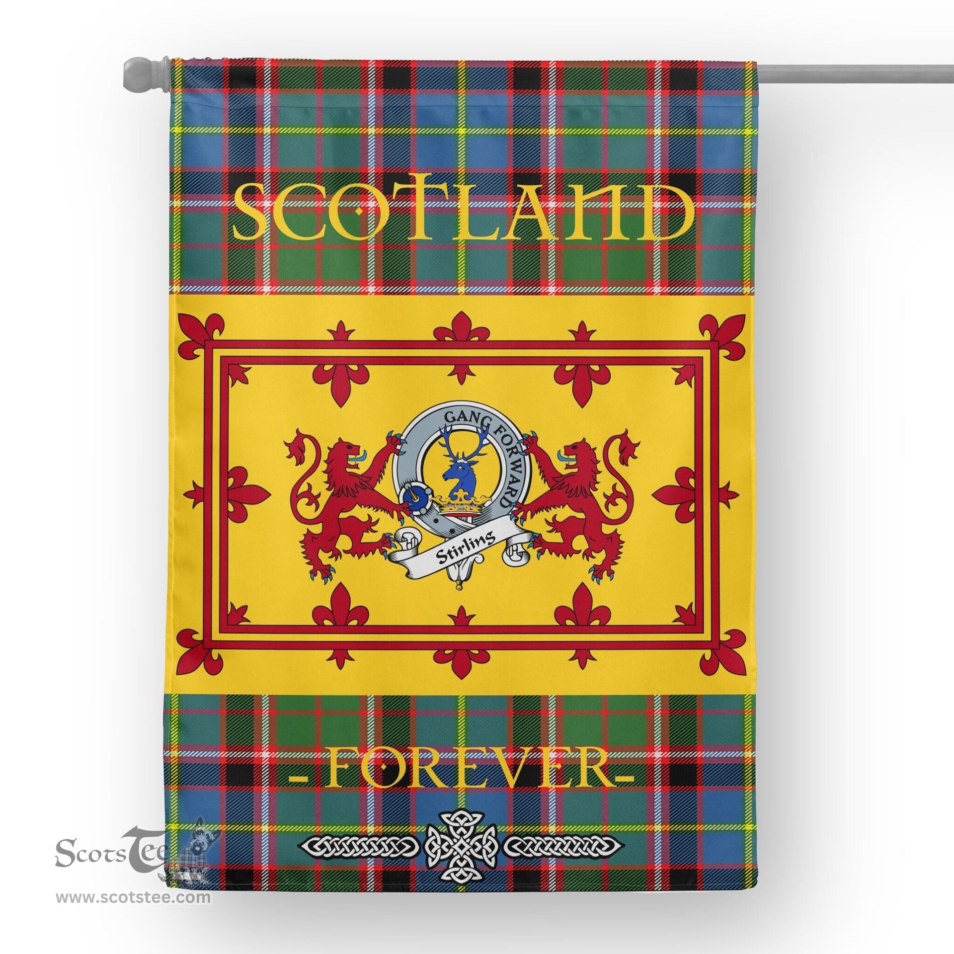 Scotstee Tartan House Flag Stirling of Cadder Present Chief Clan Badge Tartan Garden Flag - The Lion Rampant Scotland, Tartan Garden Flag, Tartan House Flag, Tartan Flag, Crest Garden Flag, Garden Flag, Ireland Garden Flag, Family Crest, Custom Flag, Custom Garden Flag, Ireland Custom Flag, Clan Tartan Flags