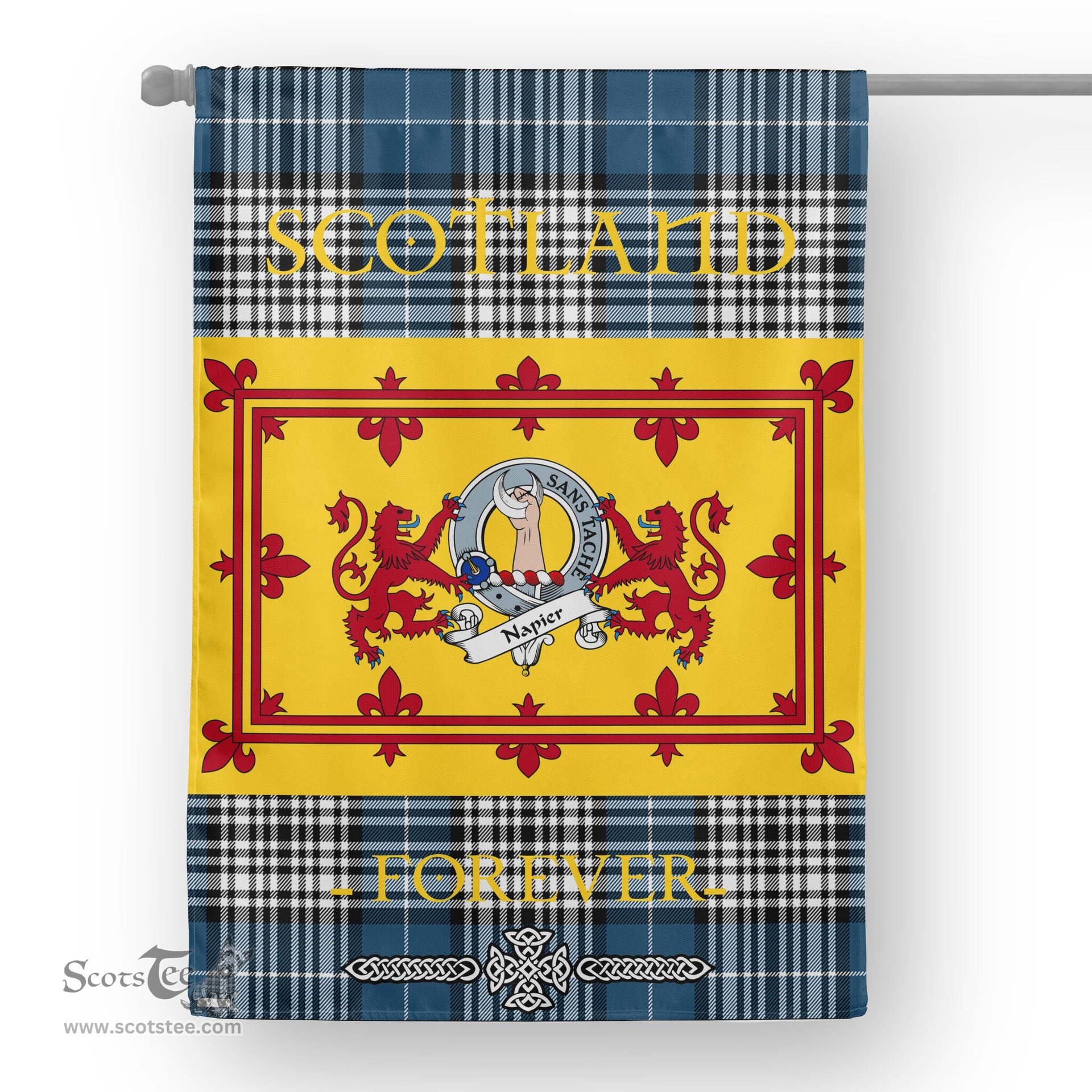 Scotstee Tartan House Flag Napier Clan Badge Tartan Garden Flag - The Lion Rampant Scotland, Tartan Garden Flag, Tartan House Flag, Tartan Flag, Crest Garden Flag, Garden Flag, Ireland Garden Flag, Family Crest, Custom Flag, Custom Garden Flag, Ireland Custom Flag, Clan Tartan Flags