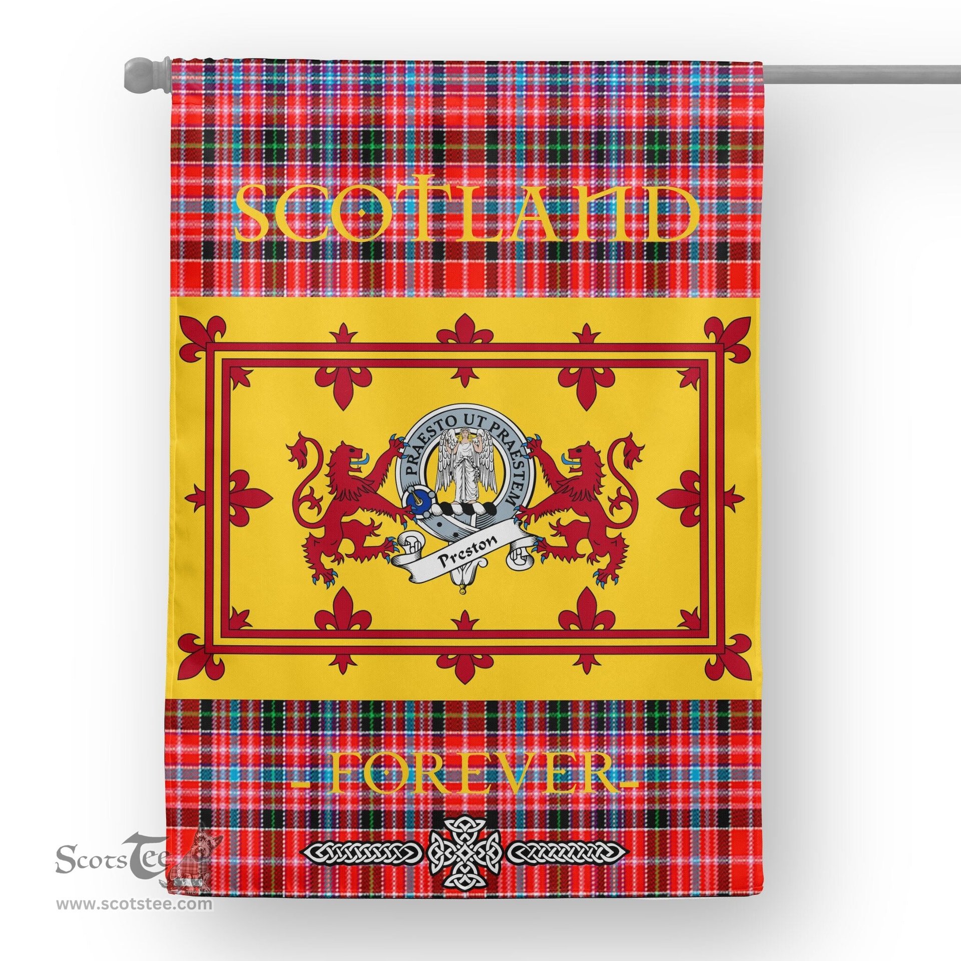 Scotstee Tartan House Flag Preston Clan Badge Tartan Garden Flag - The Lion Rampant Scotland, Tartan Garden Flag, Tartan House Flag, Tartan Flag, Crest Garden Flag, Garden Flag, Ireland Garden Flag, Family Crest, Custom Flag, Custom Garden Flag, Ireland Custom Flag, Clan Tartan Flags