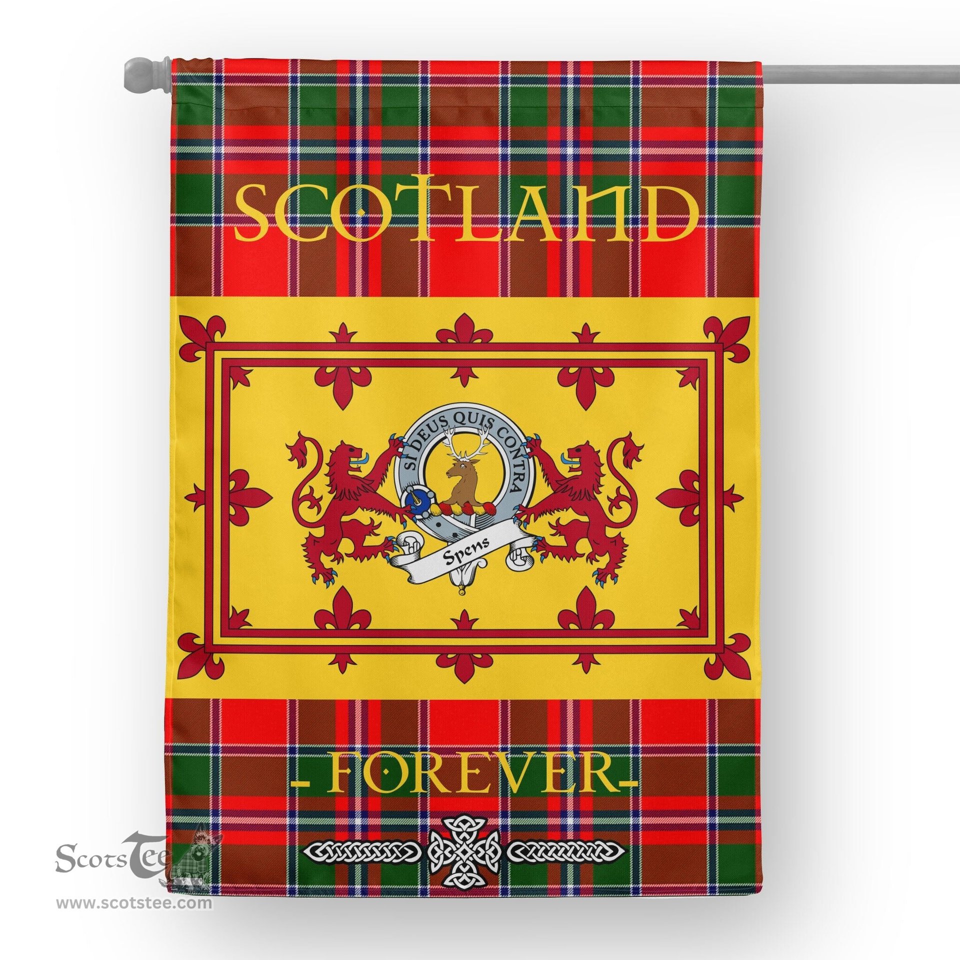 Scotstee Tartan House Flag Spens Clan Badge Tartan Garden Flag - The Lion Rampant Scotland, Tartan Garden Flag, Tartan House Flag, Tartan Flag, Crest Garden Flag, Garden Flag, Ireland Garden Flag, Family Crest, Custom Flag, Custom Garden Flag, Ireland Custom Flag, Clan Tartan Flags