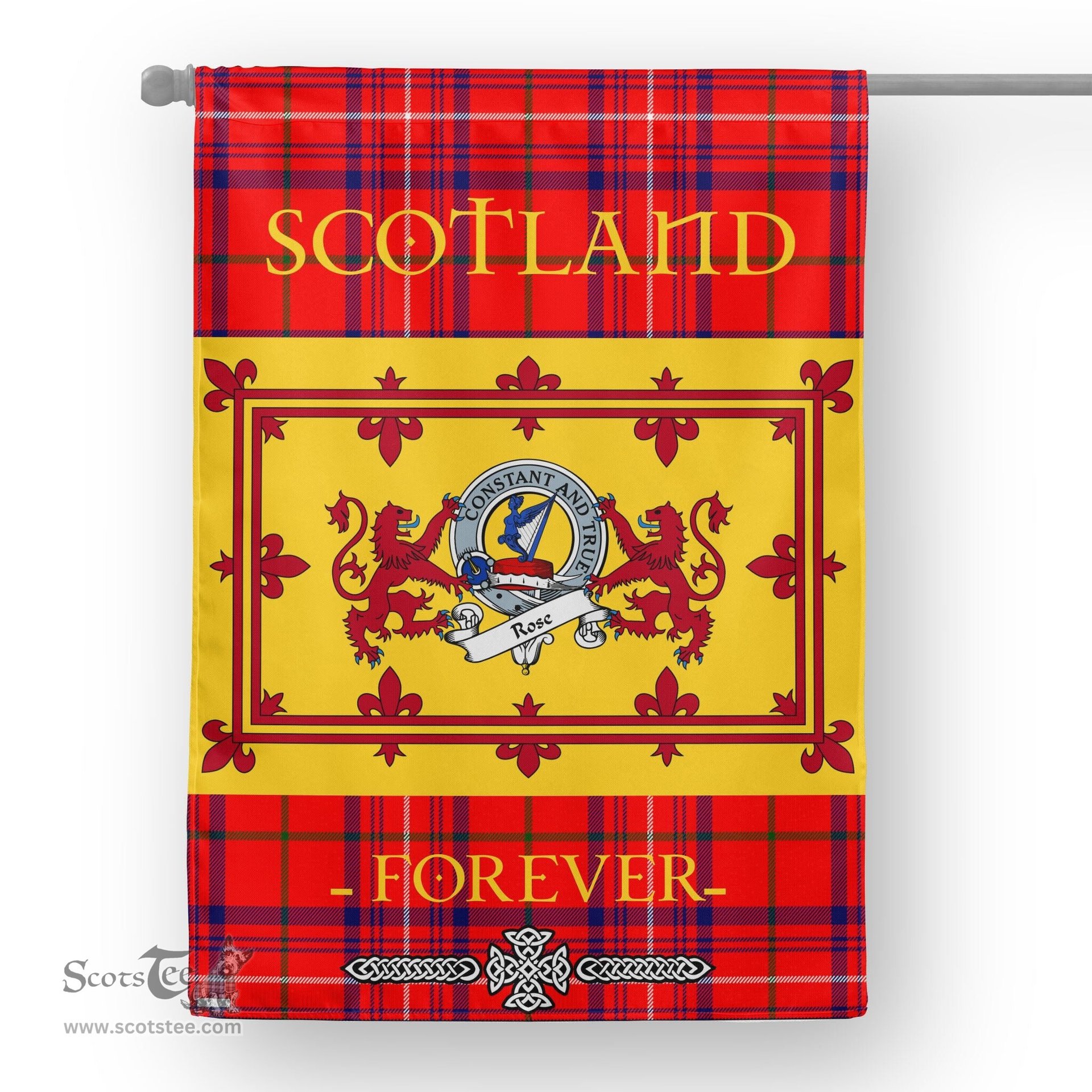 Scotstee Tartan House Flag Rose Clan Badge Tartan Garden Flag - The Lion Rampant Scotland, Tartan Garden Flag, Tartan House Flag, Tartan Flag, Crest Garden Flag, Garden Flag, Ireland Garden Flag, Family Crest, Custom Flag, Custom Garden Flag, Ireland Custom Flag, Clan Tartan Flags