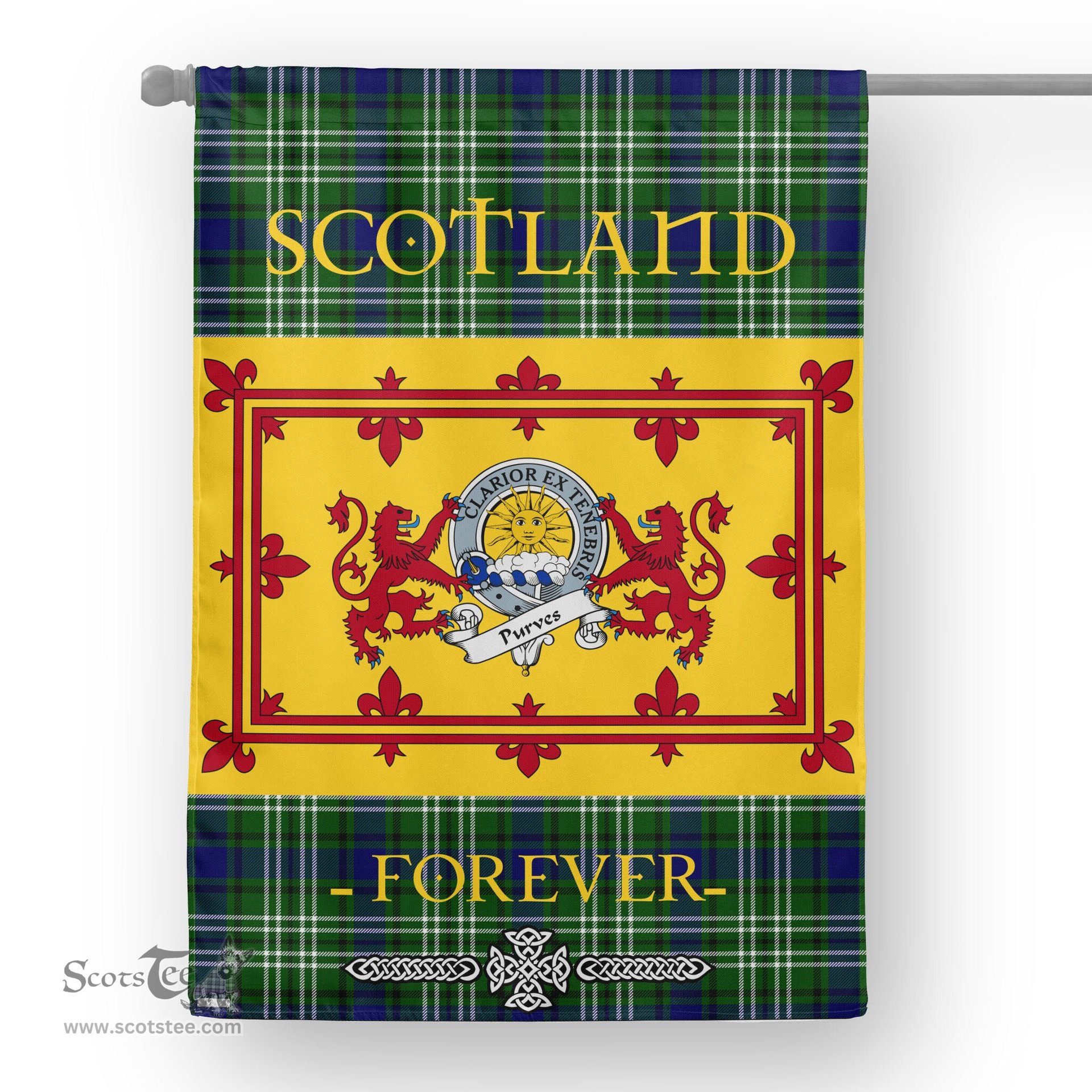 Scotstee Tartan House Flag Purves Clan Badge Tartan Garden Flag - The Lion Rampant Scotland, Tartan Garden Flag, Tartan House Flag, Tartan Flag, Crest Garden Flag, Garden Flag, Ireland Garden Flag, Family Crest, Custom Flag, Custom Garden Flag, Ireland Custom Flag, Clan Tartan Flags