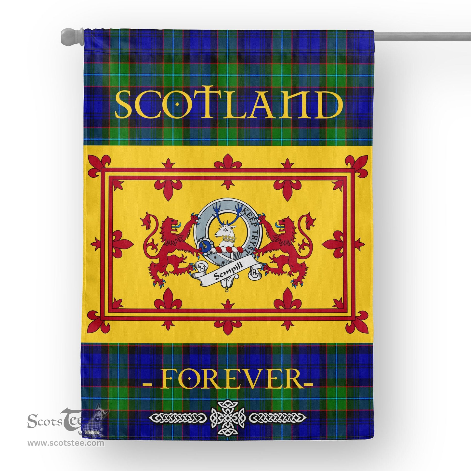 Scotstee Tartan House Flag Sempill Clan Badge Tartan Garden Flag - The Lion Rampant Scotland, Tartan Garden Flag, Tartan House Flag, Tartan Flag, Crest Garden Flag, Garden Flag, Ireland Garden Flag, Family Crest, Custom Flag, Custom Garden Flag, Ireland Custom Flag, Clan Tartan Flags