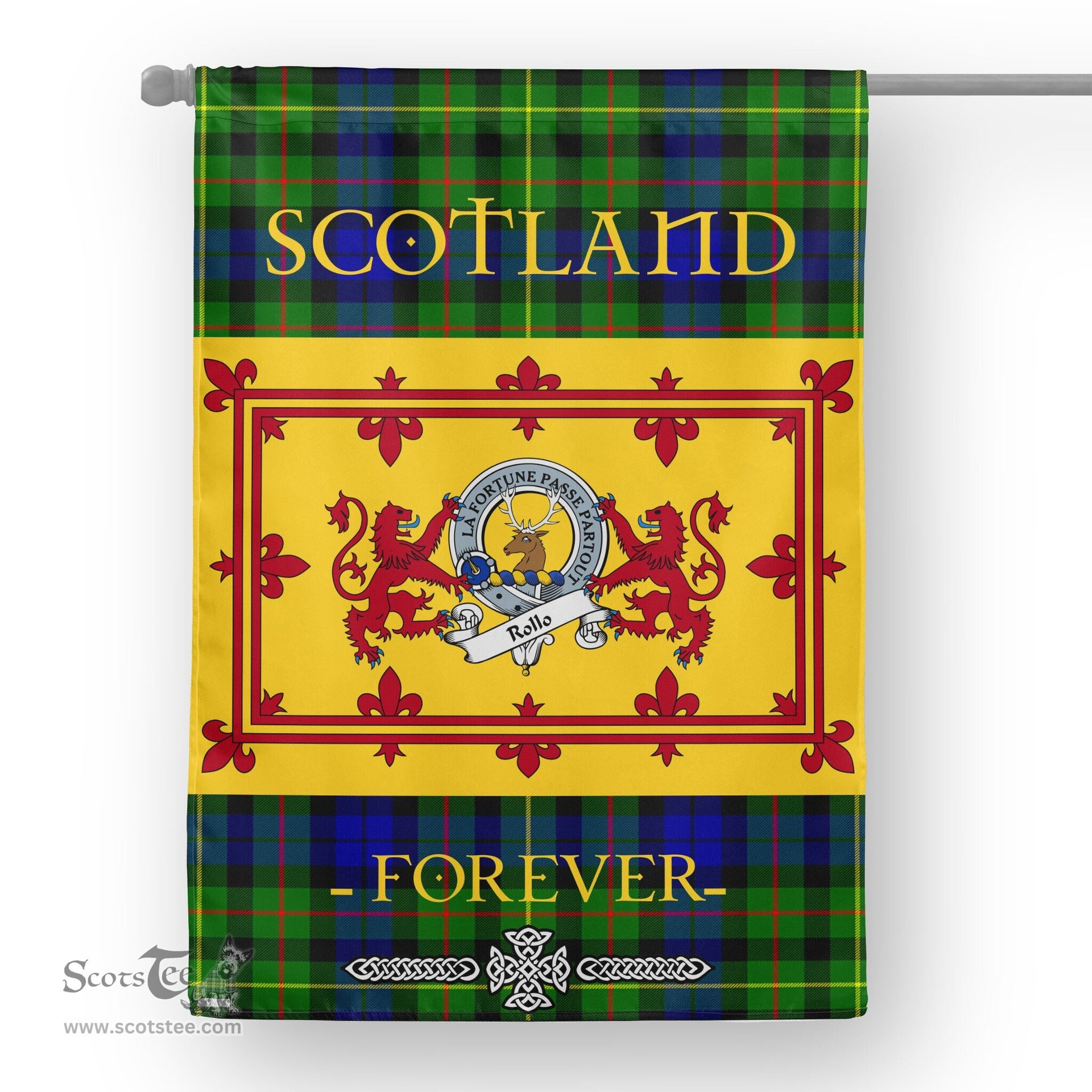 Scotstee Tartan House Flag Rollo Clan Badge Tartan Garden Flag - The Lion Rampant Scotland, Tartan Garden Flag, Tartan House Flag, Tartan Flag, Crest Garden Flag, Garden Flag, Ireland Garden Flag, Family Crest, Custom Flag, Custom Garden Flag, Ireland Custom Flag, Clan Tartan Flags