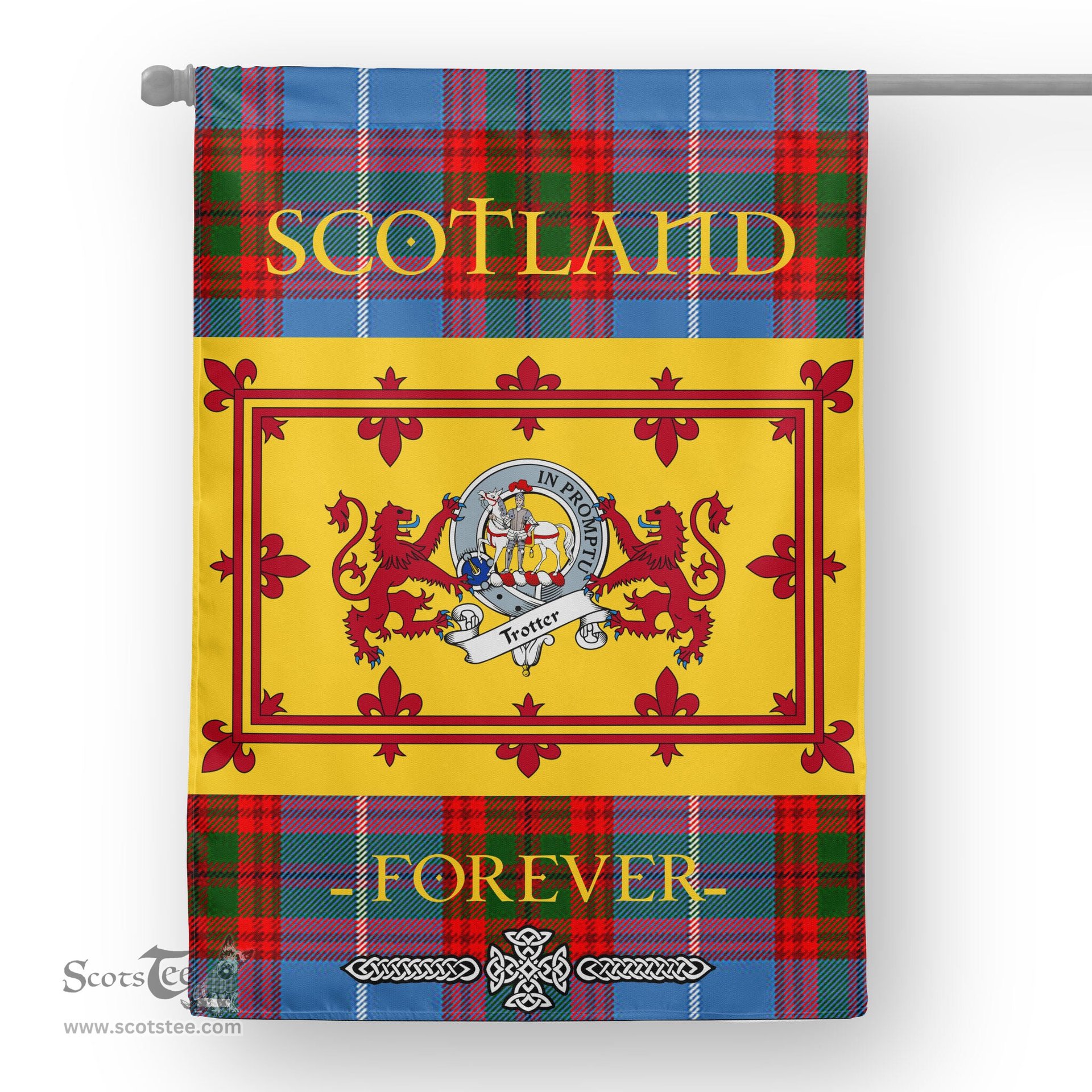 Scotstee Tartan House Flag Trotter Clan Badge Tartan Garden Flag - The Lion Rampant Scotland, Tartan Garden Flag, Tartan House Flag, Tartan Flag, Crest Garden Flag, Garden Flag, Ireland Garden Flag, Family Crest, Custom Flag, Custom Garden Flag, Ireland Custom Flag, Clan Tartan Flags