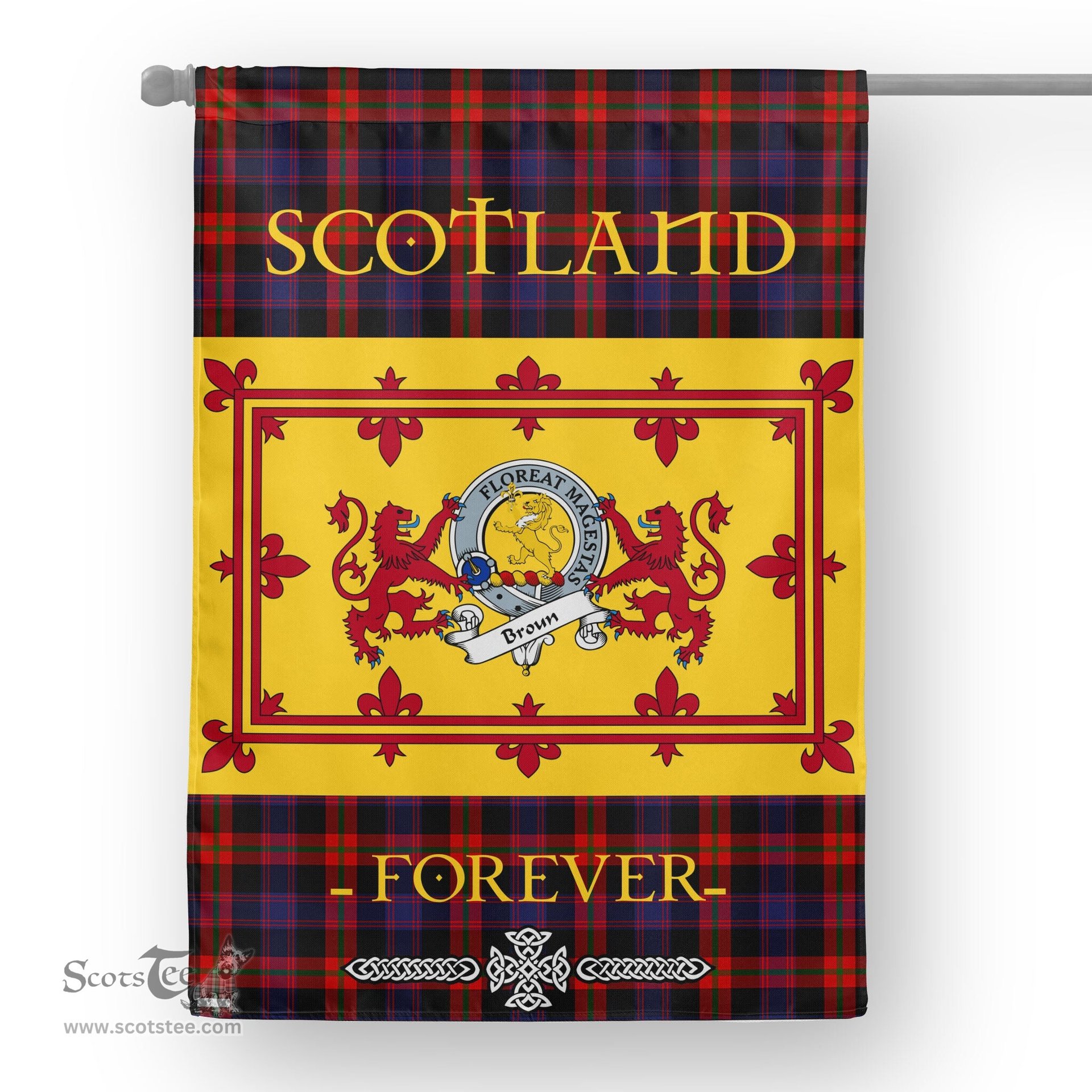 Scotstee Tartan House Flag Broun Clan Badge Tartan Garden Flag - The Lion Rampant Scotland, Tartan Garden Flag, Tartan House Flag, Tartan Flag, Crest Garden Flag, Garden Flag, Ireland Garden Flag, Family Crest, Custom Flag, Custom Garden Flag, Ireland Custom Flag, Clan Tartan Flags