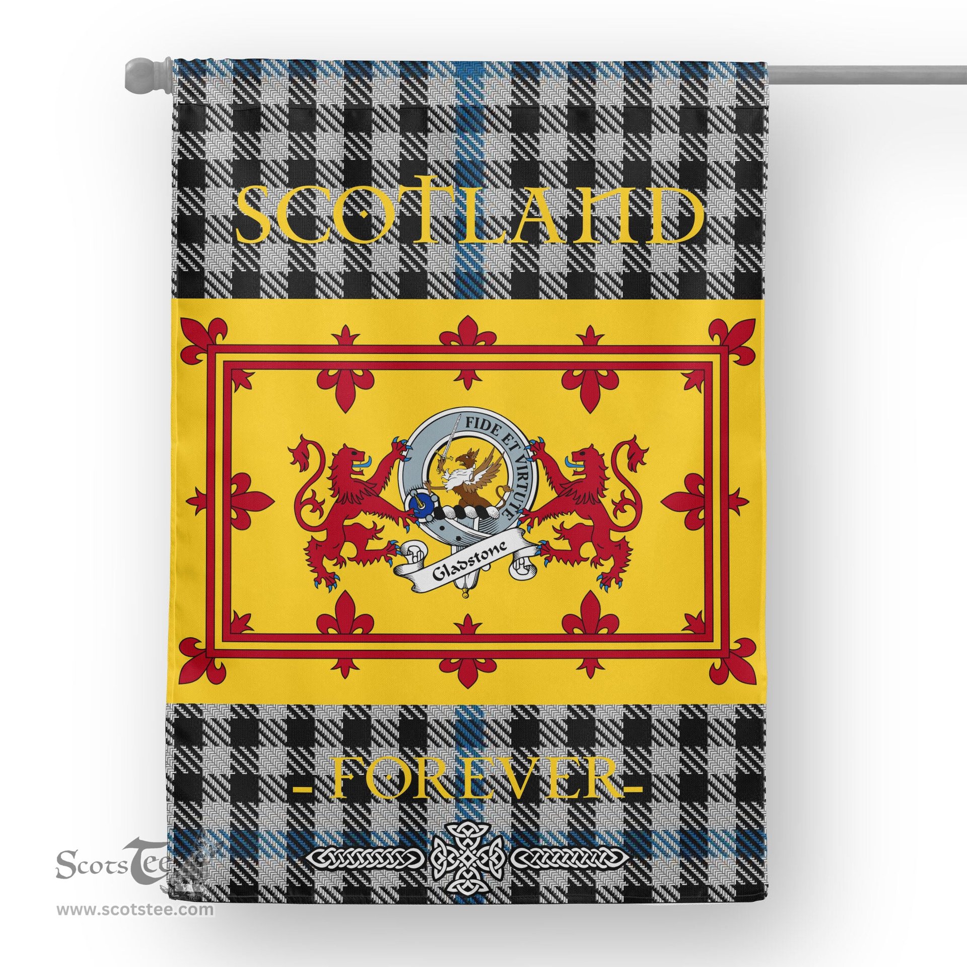 Scotstee Tartan House Flag Gladstone Clan Badge Tartan Garden Flag - The Lion Rampant Scotland, Tartan Garden Flag, Tartan House Flag, Tartan Flag, Crest Garden Flag, Garden Flag, Ireland Garden Flag, Family Crest, Custom Flag, Custom Garden Flag, Ireland Custom Flag, Clan Tartan Flags
