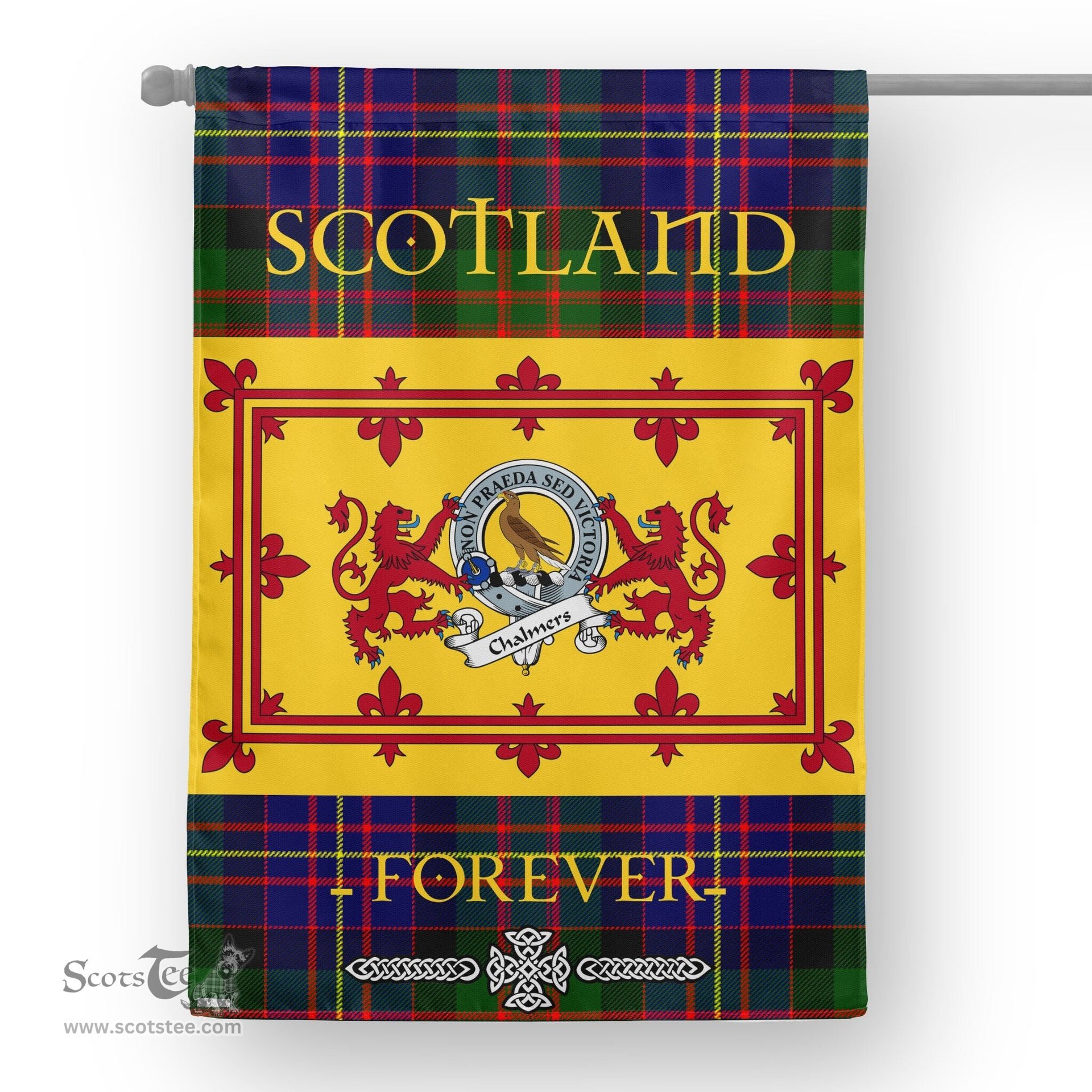 Scotstee Tartan House Flag Chalmers Clan Badge Tartan Garden Flag - The Lion Rampant Scotland, Tartan Garden Flag, Tartan House Flag, Tartan Flag, Crest Garden Flag, Garden Flag, Ireland Garden Flag, Family Crest, Custom Flag, Custom Garden Flag, Ireland Custom Flag, Clan Tartan Flags