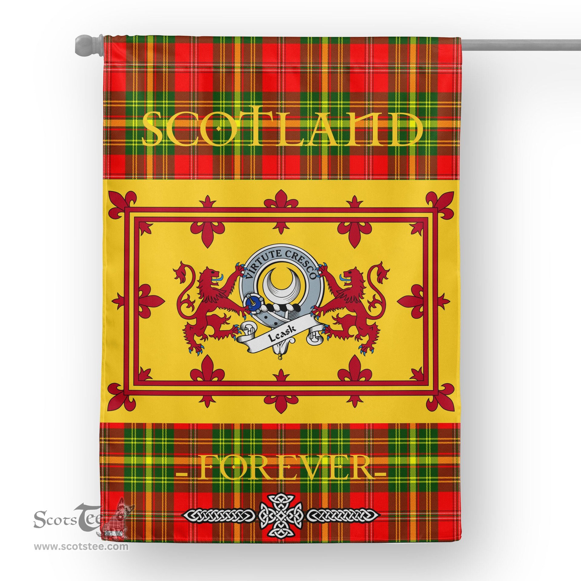 Scotstee Tartan House Flag Leask Clan Badge Tartan Garden Flag - The Lion Rampant Scotland, Tartan Garden Flag, Tartan House Flag, Tartan Flag, Crest Garden Flag, Garden Flag, Ireland Garden Flag, Family Crest, Custom Flag, Custom Garden Flag, Ireland Custom Flag, Clan Tartan Flags
