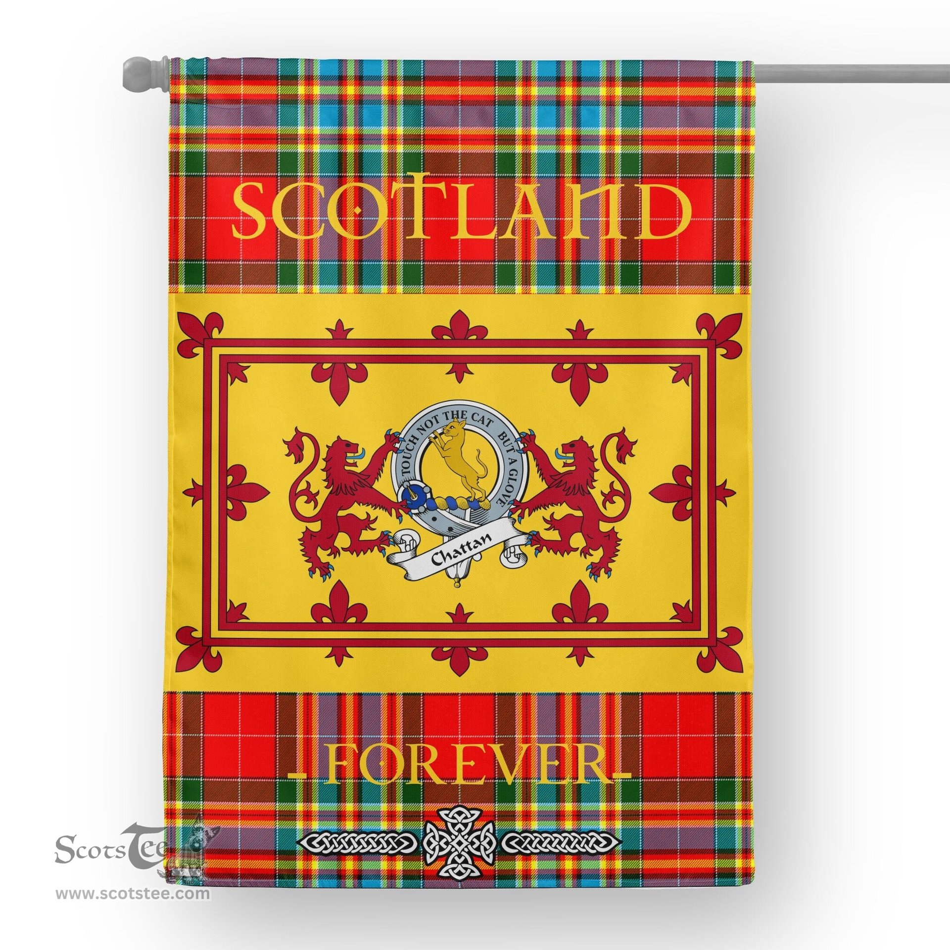 Scotstee Tartan House Flag Chattan Clan Badge Tartan Garden Flag - The Lion Rampant Scotland, Tartan Garden Flag, Tartan House Flag, Tartan Flag, Crest Garden Flag, Garden Flag, Ireland Garden Flag, Family Crest, Custom Flag, Custom Garden Flag, Ireland Custom Flag, Clan Tartan Flags
