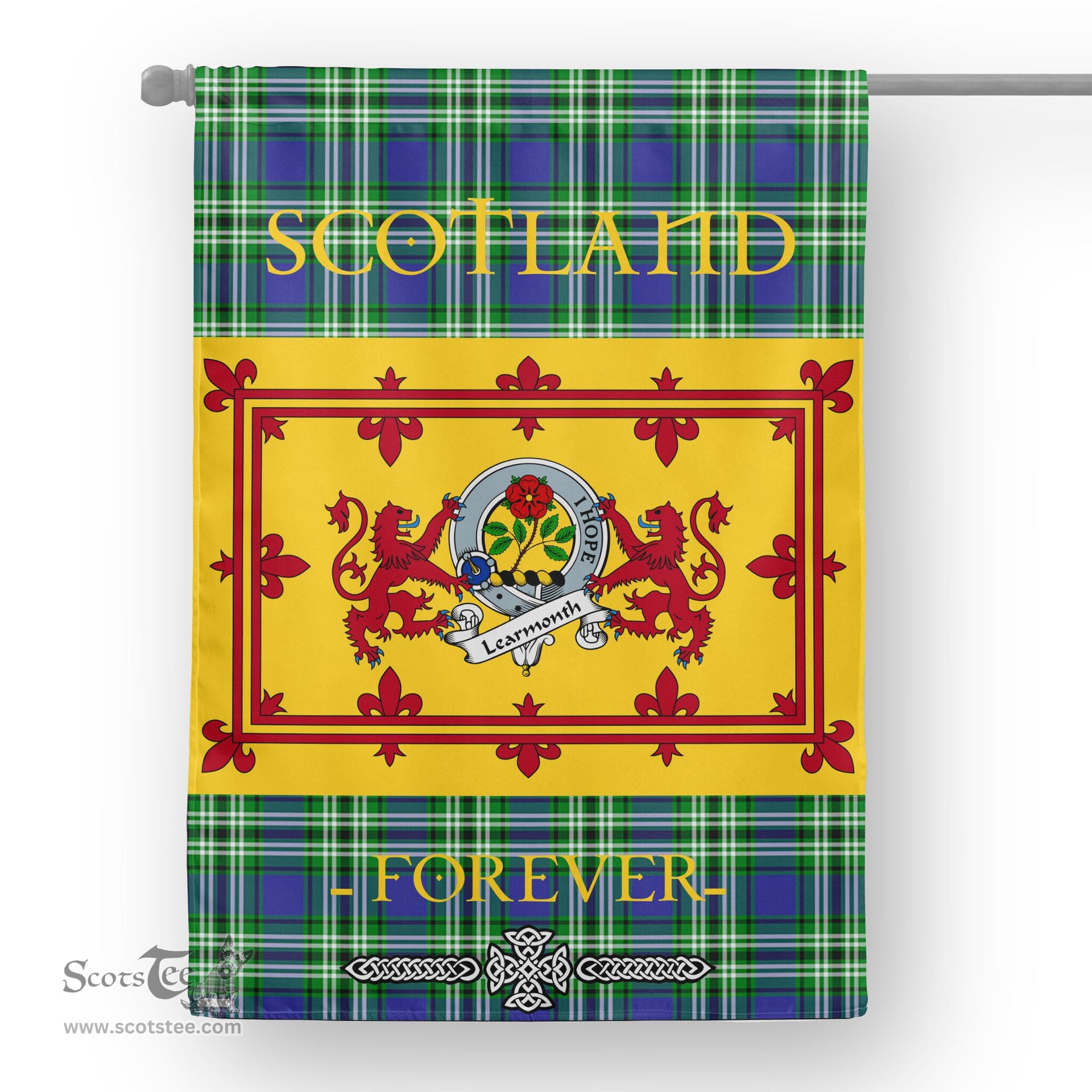 Scotstee Tartan House Flag Learmonth Clan Badge Tartan Garden Flag - The Lion Rampant Scotland, Tartan Garden Flag, Tartan House Flag, Tartan Flag, Crest Garden Flag, Garden Flag, Ireland Garden Flag, Family Crest, Custom Flag, Custom Garden Flag, Ireland Custom Flag, Clan Tartan Flags