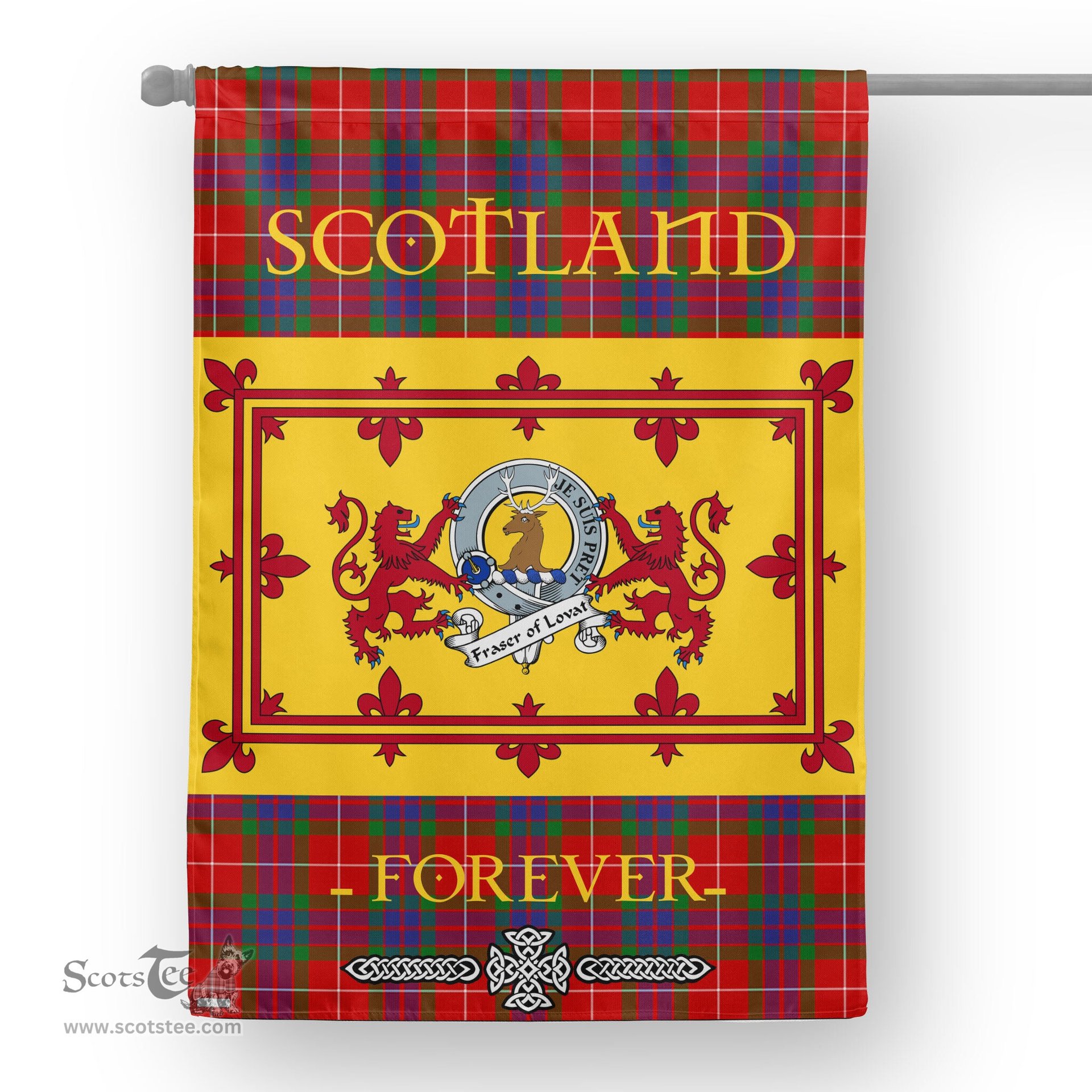 Scotstee Tartan House Flag Fraser Of Lovat Clan Badge Tartan Garden Flag - The Lion Rampant Scotland, Tartan Garden Flag, Tartan House Flag, Tartan Flag, Crest Garden Flag, Garden Flag, Ireland Garden Flag, Family Crest, Custom Flag, Custom Garden Flag, Ireland Custom Flag, Clan Tartan Flags