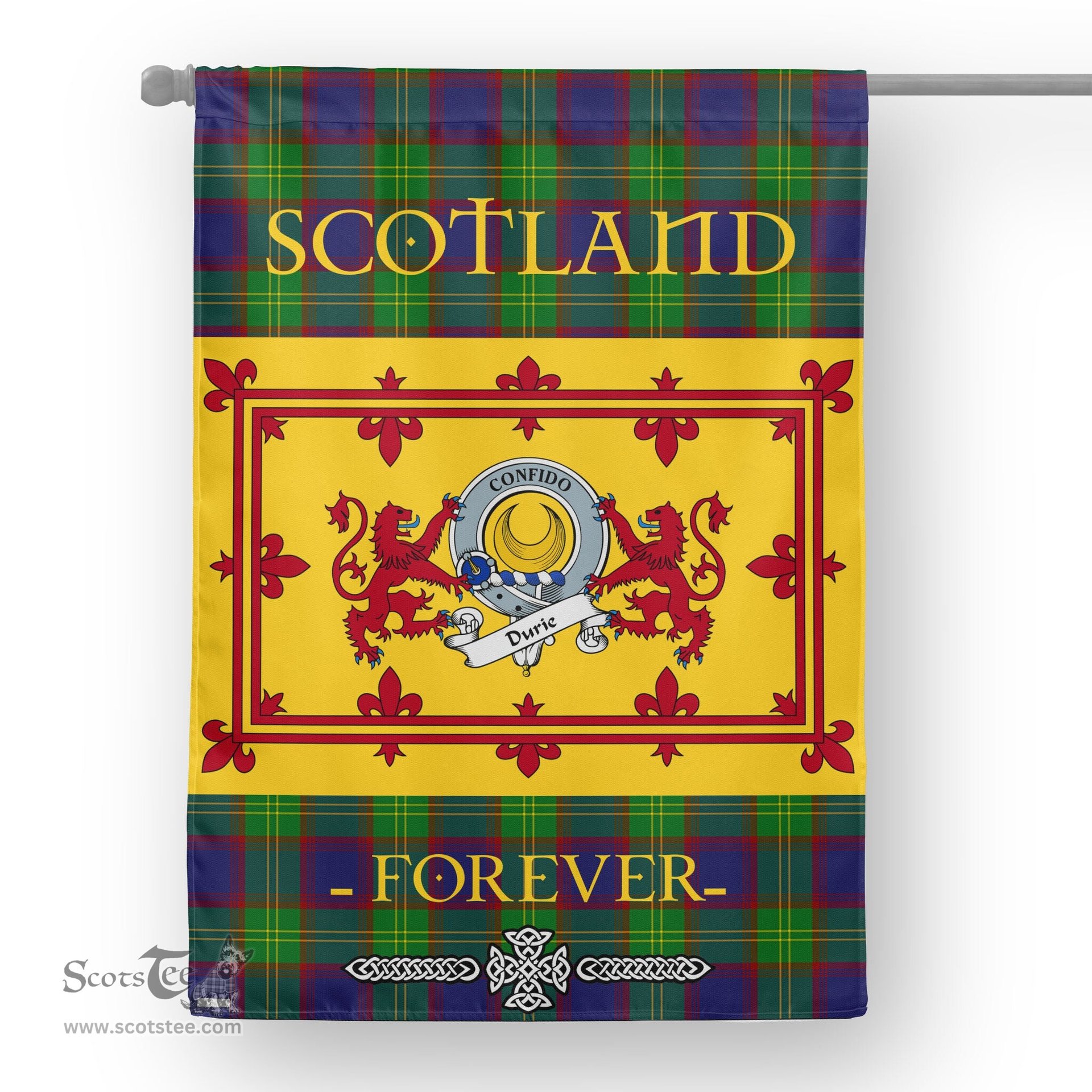 Scotstee Tartan House Flag Durie Clan Badge Tartan Garden Flag - The Lion Rampant Scotland, Tartan Garden Flag, Tartan House Flag, Tartan Flag, Crest Garden Flag, Garden Flag, Ireland Garden Flag, Family Crest, Custom Flag, Custom Garden Flag, Ireland Custom Flag, Clan Tartan Flags