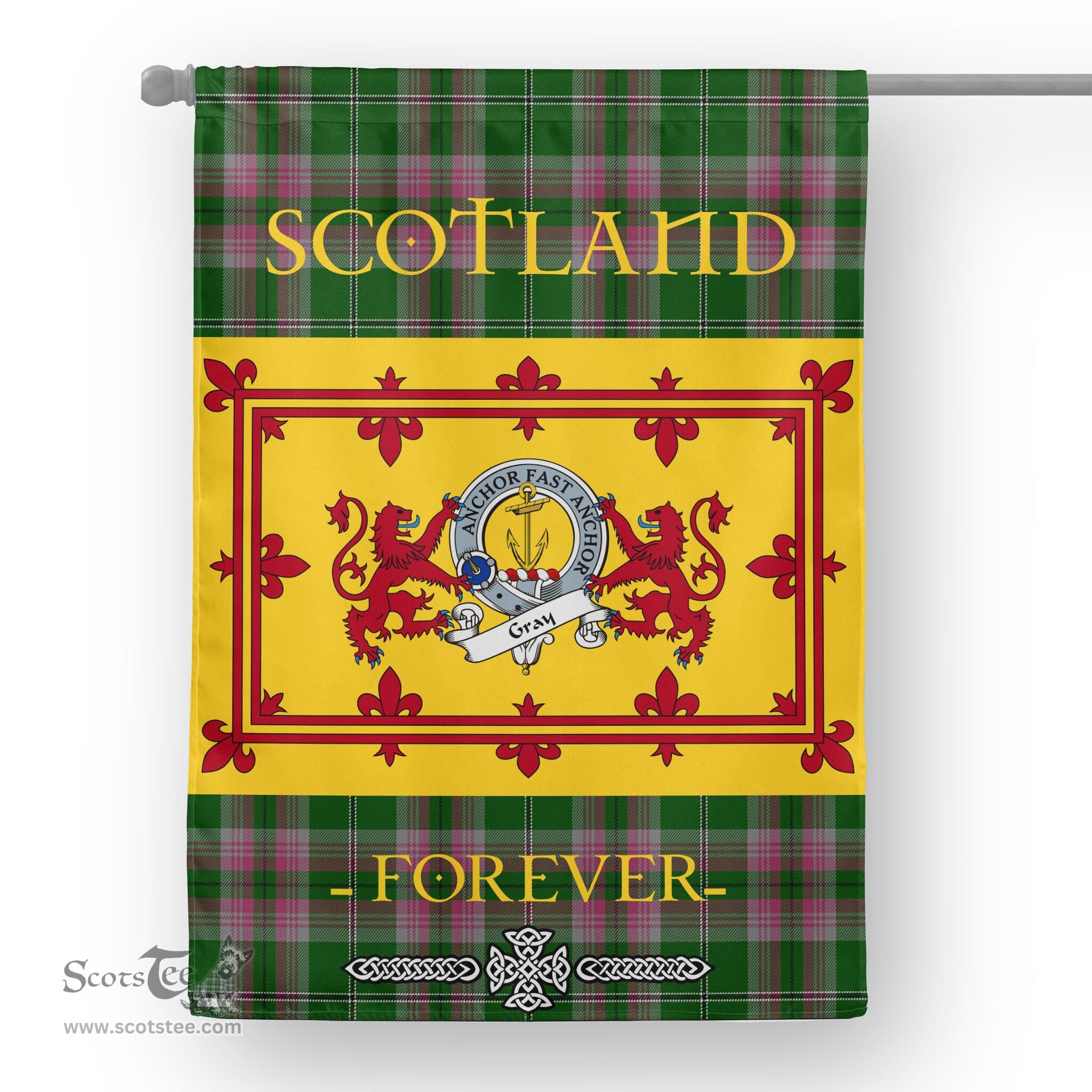 Scotstee Tartan House Flag Gray Clan Badge Tartan Garden Flag - The Lion Rampant Scotland, Tartan Garden Flag, Tartan House Flag, Tartan Flag, Crest Garden Flag, Garden Flag, Ireland Garden Flag, Family Crest, Custom Flag, Custom Garden Flag, Ireland Custom Flag, Clan Tartan Flags