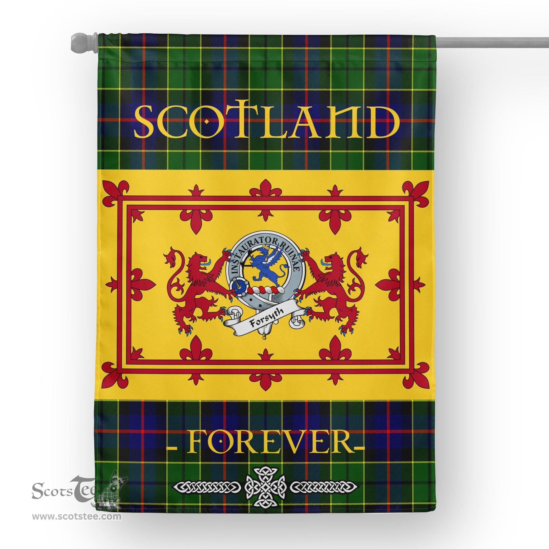 Scotstee Tartan House Flag Forsyth Clan Badge Tartan Garden Flag - The Lion Rampant Scotland, Tartan Garden Flag, Tartan House Flag, Tartan Flag, Crest Garden Flag, Garden Flag, Ireland Garden Flag, Family Crest, Custom Flag, Custom Garden Flag, Ireland Custom Flag, Clan Tartan Flags