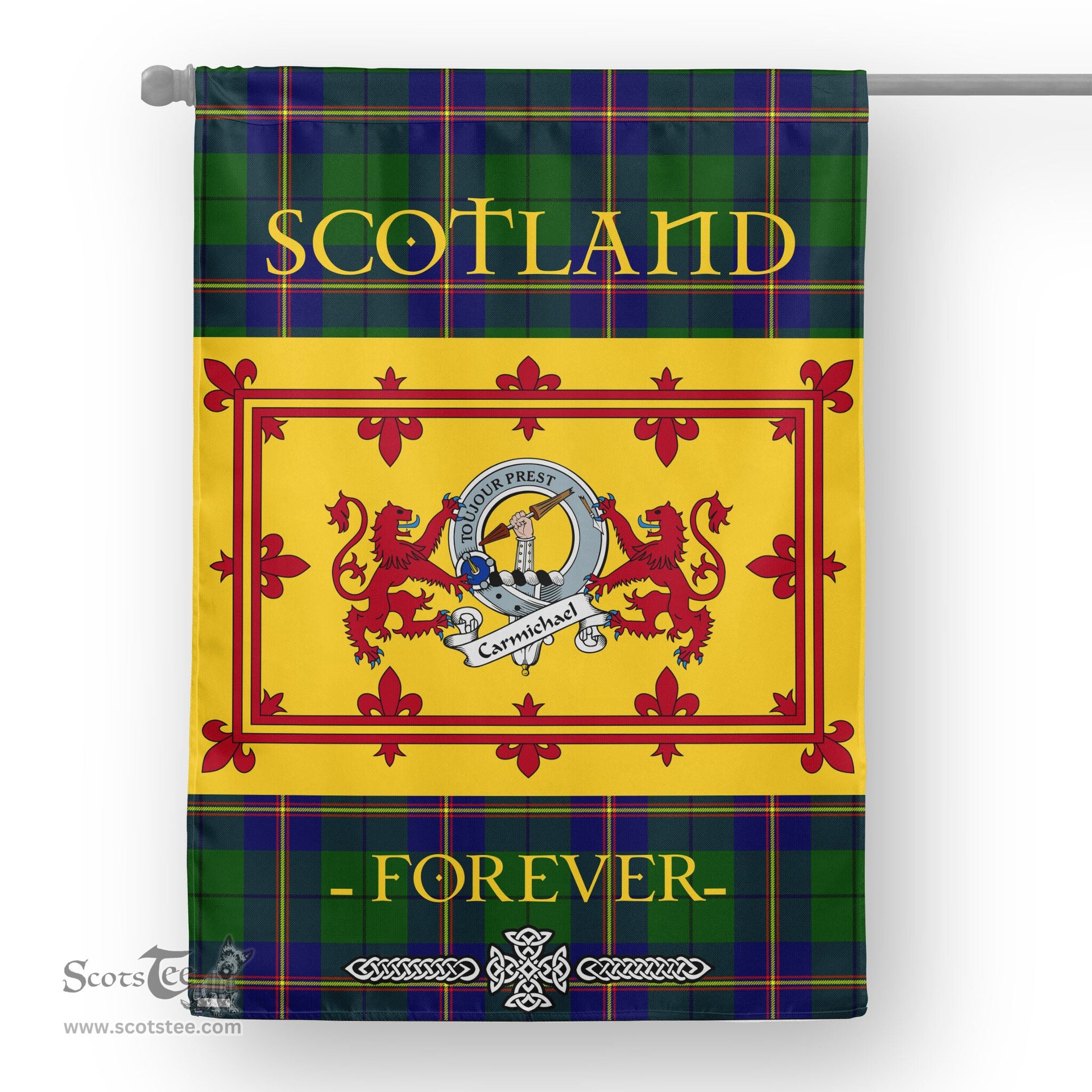 Scotstee Tartan House Flag Carmichael Clan Badge Tartan Garden Flag - The Lion Rampant Scotland, Tartan Garden Flag, Tartan House Flag, Tartan Flag, Crest Garden Flag, Garden Flag, Ireland Garden Flag, Family Crest, Custom Flag, Custom Garden Flag, Ireland Custom Flag, Clan Tartan Flags