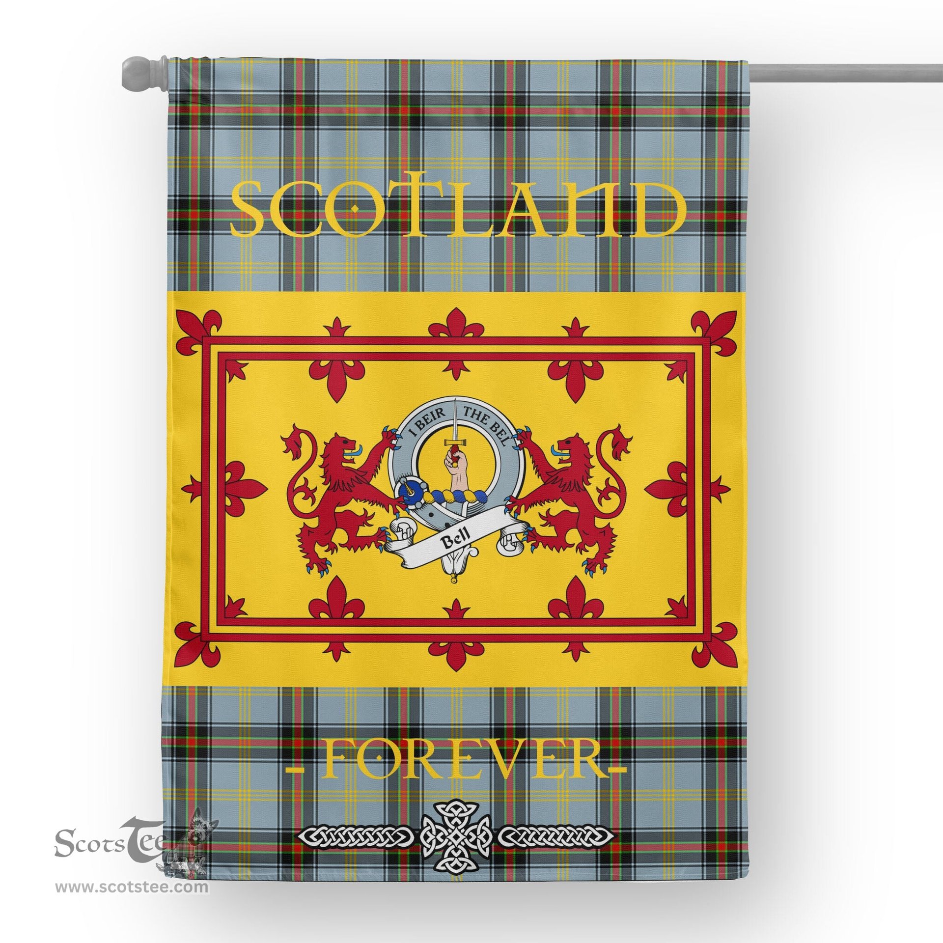 Scotstee Tartan House Flag Bell Clan Badge Tartan Garden Flag - The Lion Rampant Scotland, Tartan Garden Flag, Tartan House Flag, Tartan Flag, Crest Garden Flag, Garden Flag, Ireland Garden Flag, Family Crest, Custom Flag, Custom Garden Flag, Ireland Custom Flag, Clan Tartan Flags