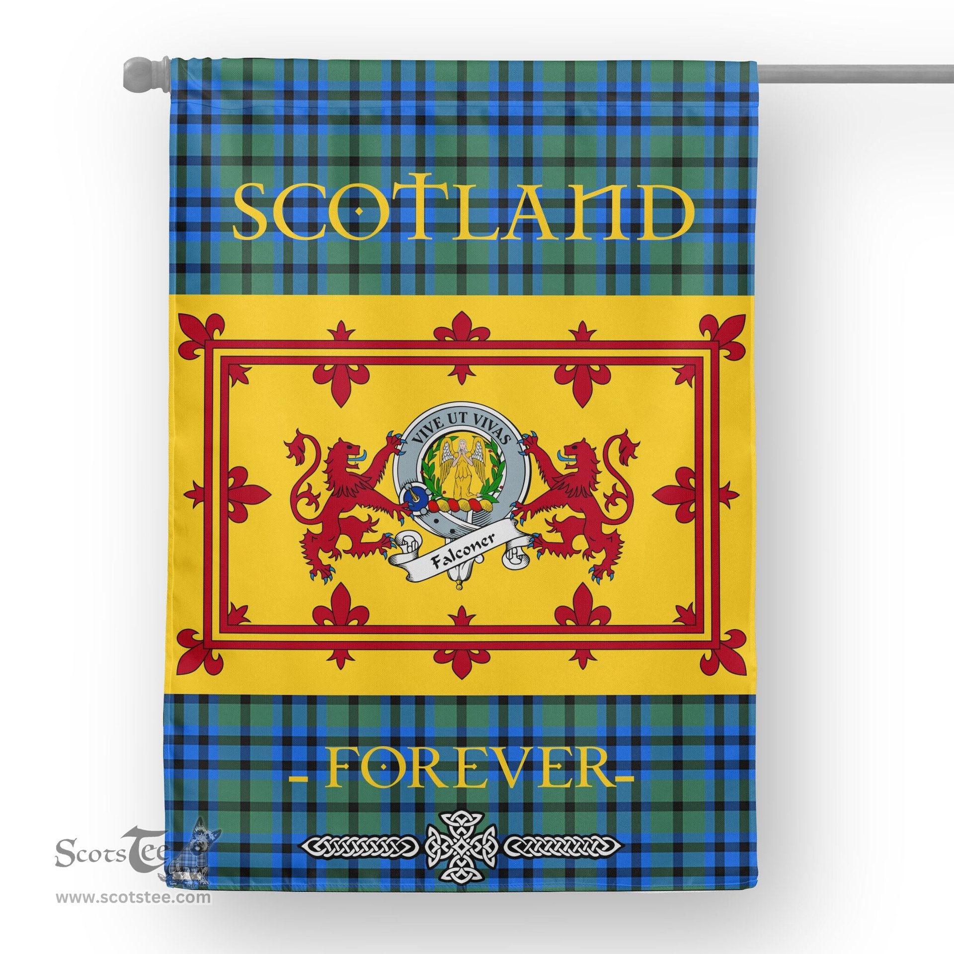 Scotstee Tartan House Flag Falconer Clan Badge Tartan Garden Flag - The Lion Rampant Scotland, Tartan Garden Flag, Tartan House Flag, Tartan Flag, Crest Garden Flag, Garden Flag, Ireland Garden Flag, Family Crest, Custom Flag, Custom Garden Flag, Ireland Custom Flag, Clan Tartan Flags