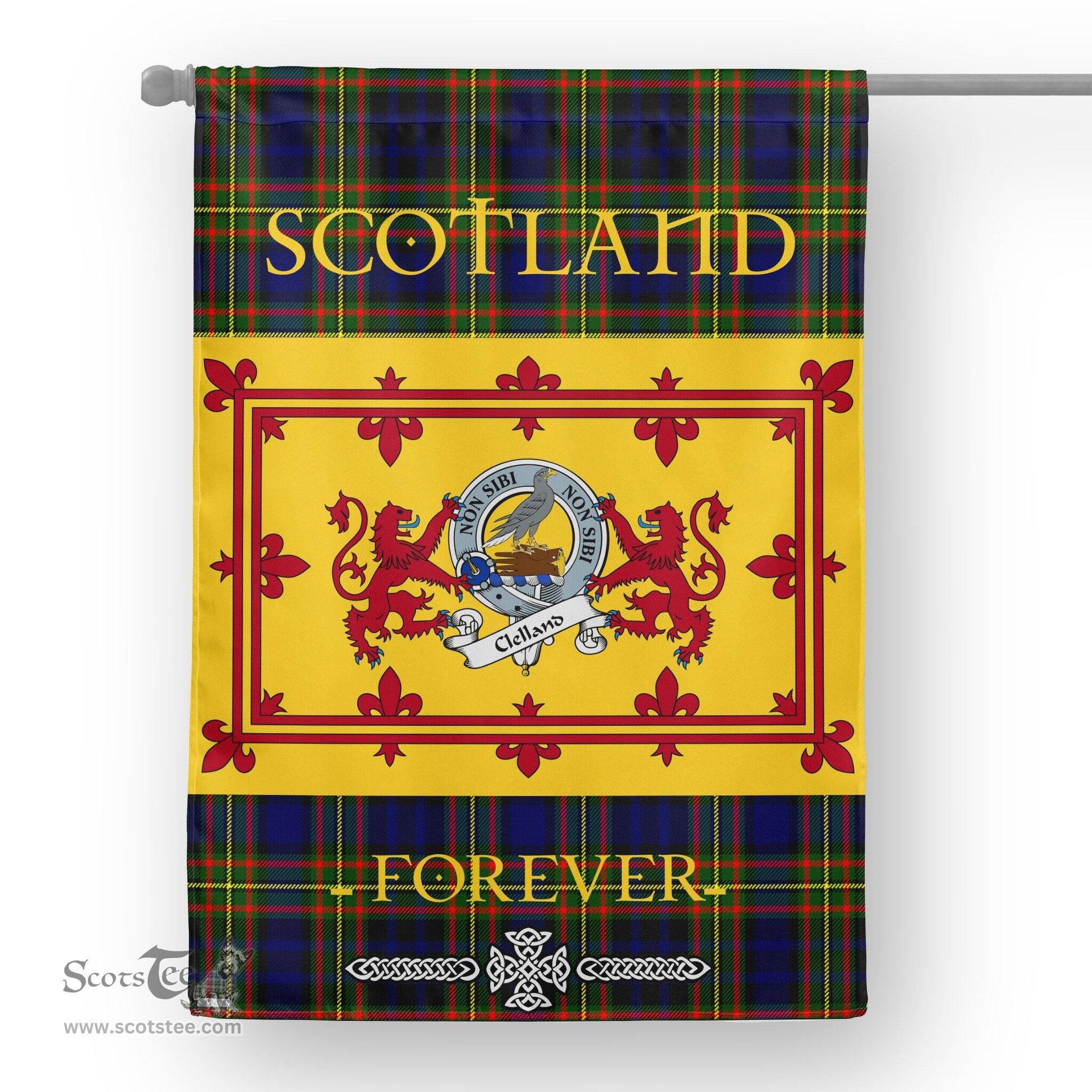 Scotstee Tartan House Flag Clelland Clan Badge Tartan Garden Flag - The Lion Rampant Scotland, Tartan Garden Flag, Tartan House Flag, Tartan Flag, Crest Garden Flag, Garden Flag, Ireland Garden Flag, Family Crest, Custom Flag, Custom Garden Flag, Ireland Custom Flag, Clan Tartan Flags