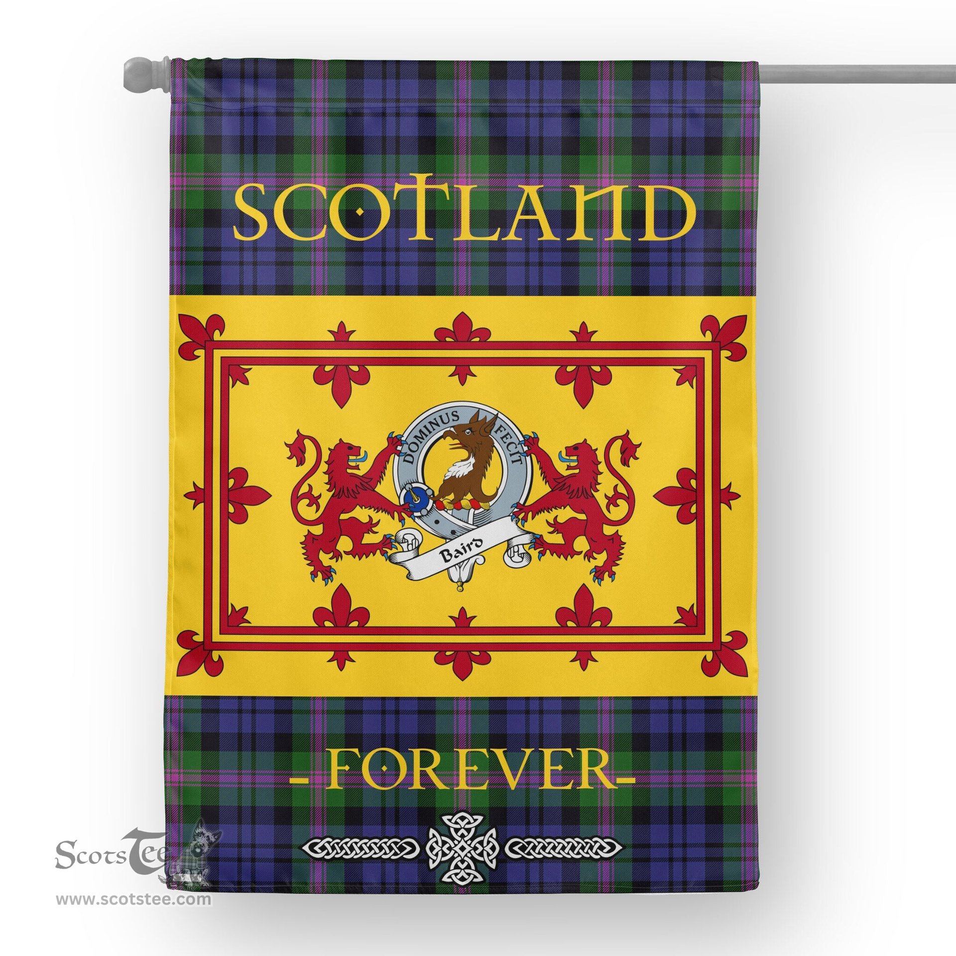Scotstee Tartan House Flag Baird Clan Badge Tartan Garden Flag - The Lion Rampant Scotland, Tartan Garden Flag, Tartan House Flag, Tartan Flag, Crest Garden Flag, Garden Flag, Ireland Garden Flag, Family Crest, Custom Flag, Custom Garden Flag, Ireland Custom Flag, Clan Tartan Flags
